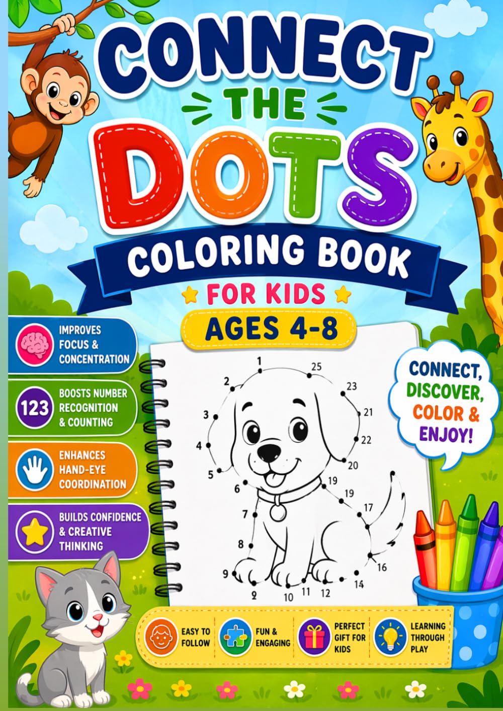 Connect the Dots Coloring Book for Kids Ages 4-8: Fun Dot-to-Dot Puzzles & Easy Coloring Pages for Early Learning, Number Recognition, and Creative Play