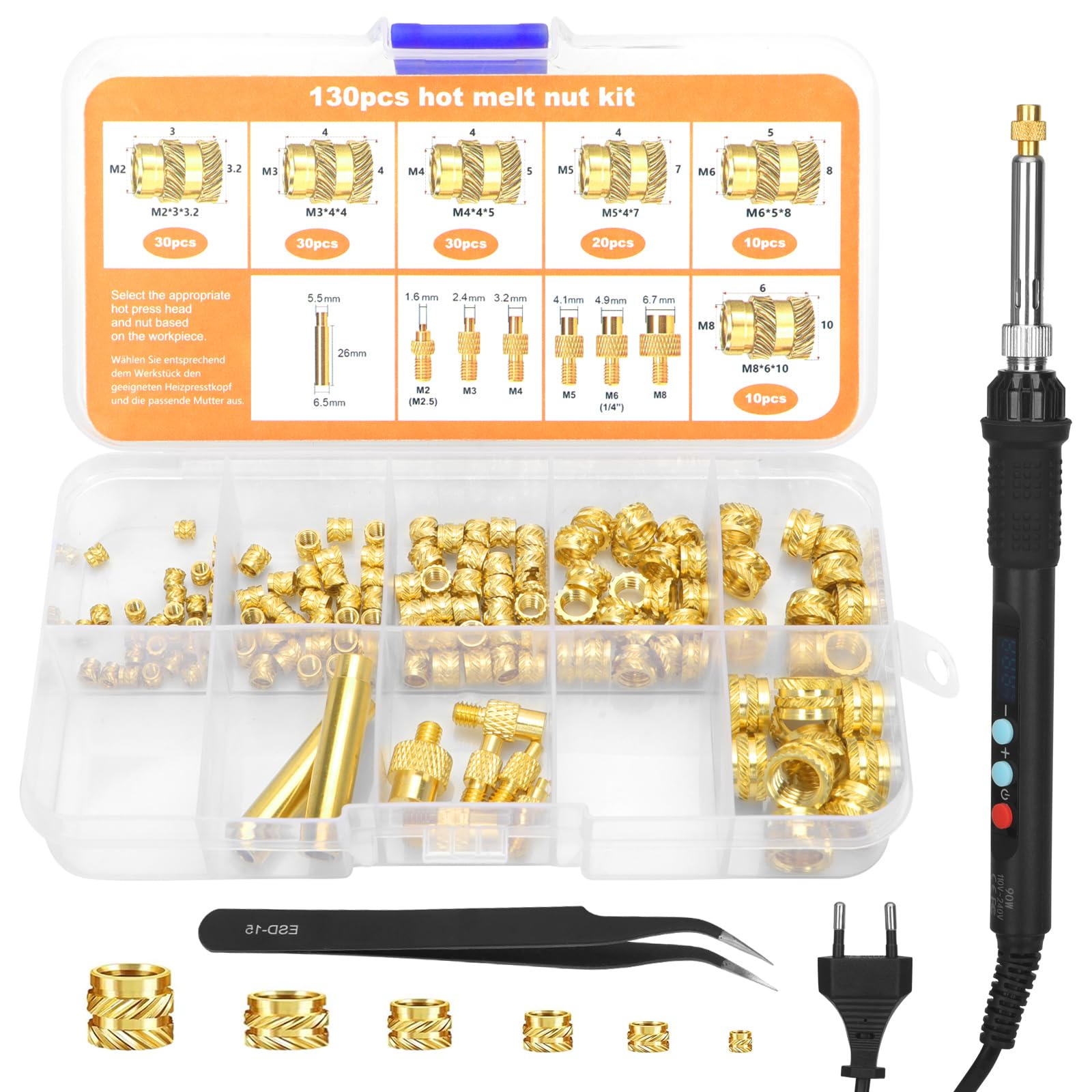 Insert Fileté, 90W LED Fer a Souder Température Réglable, 130 Pièces Inserts Taraudés M2/M3/M4/M5/M6/M8, Insert Impression 3d pour Impression 3D et Plastique