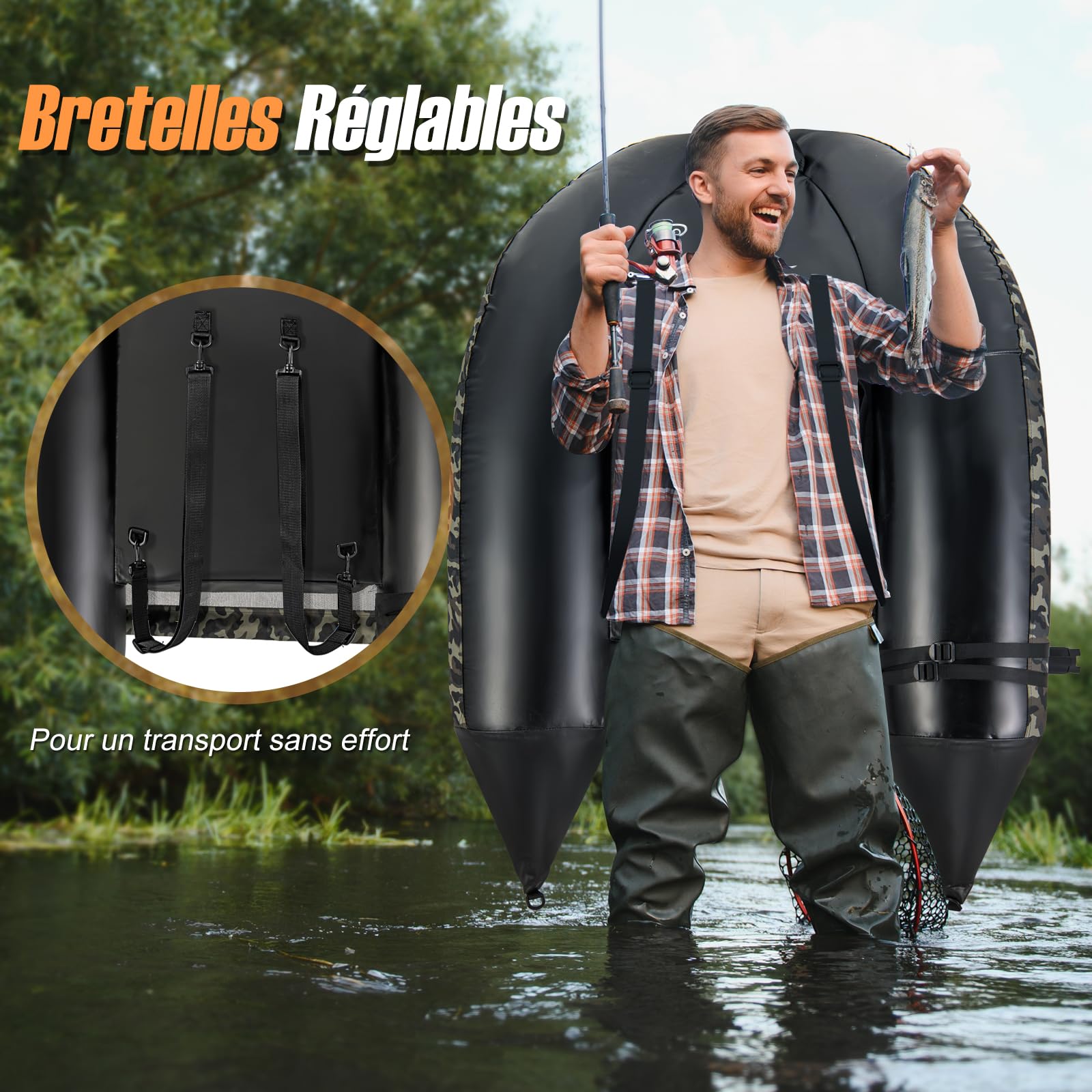 GOPLUS Barco de Pesca Inflable, Barca Hinchable con Respaldo y Correas Ajustables, Bomba Manual, Remo, Aletas, Soporte para Caña de Pescar, Regla de Peces, Almacenamiento, Carga 150 KG, Camuflaje