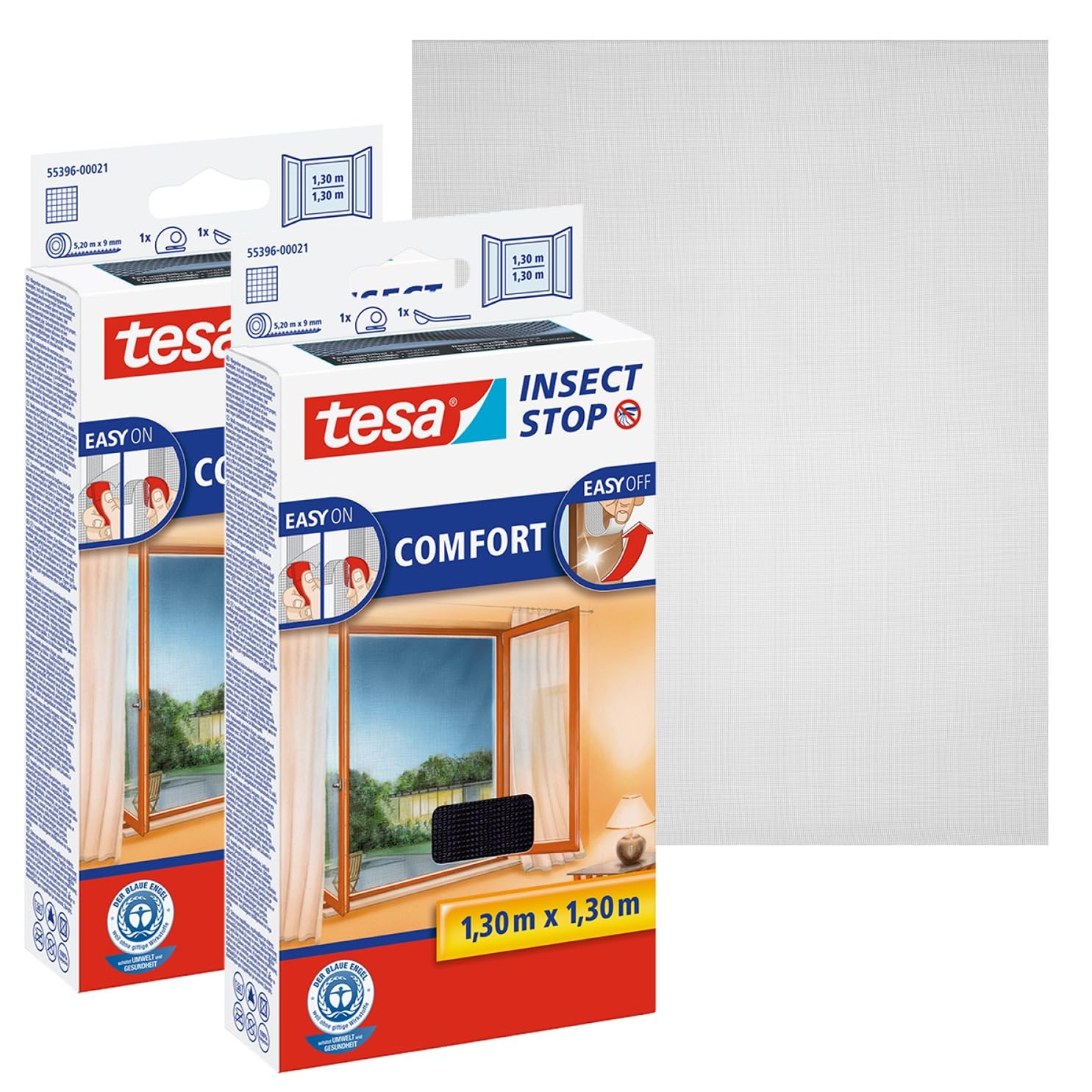 tesa Insect Stop Comfort for Windows - 2-Pack - Window Screen with Self-Adhesive Hook and Loop - Insect Mesh - in Anthracite, 2X 130 cm x 130 cm
