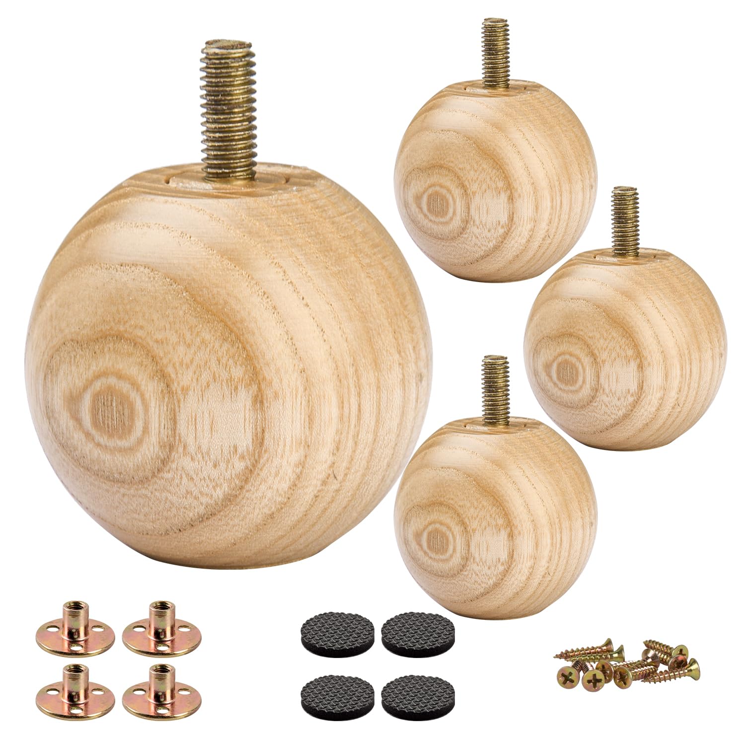 Patas de madera de fresno de 5 cm para muebles, 4 patas redondas de bola pequeña barnizada, patas de repuesto minimalistas de madera modernas con perno M8 y placa de montaje para cama, sofá, aparador