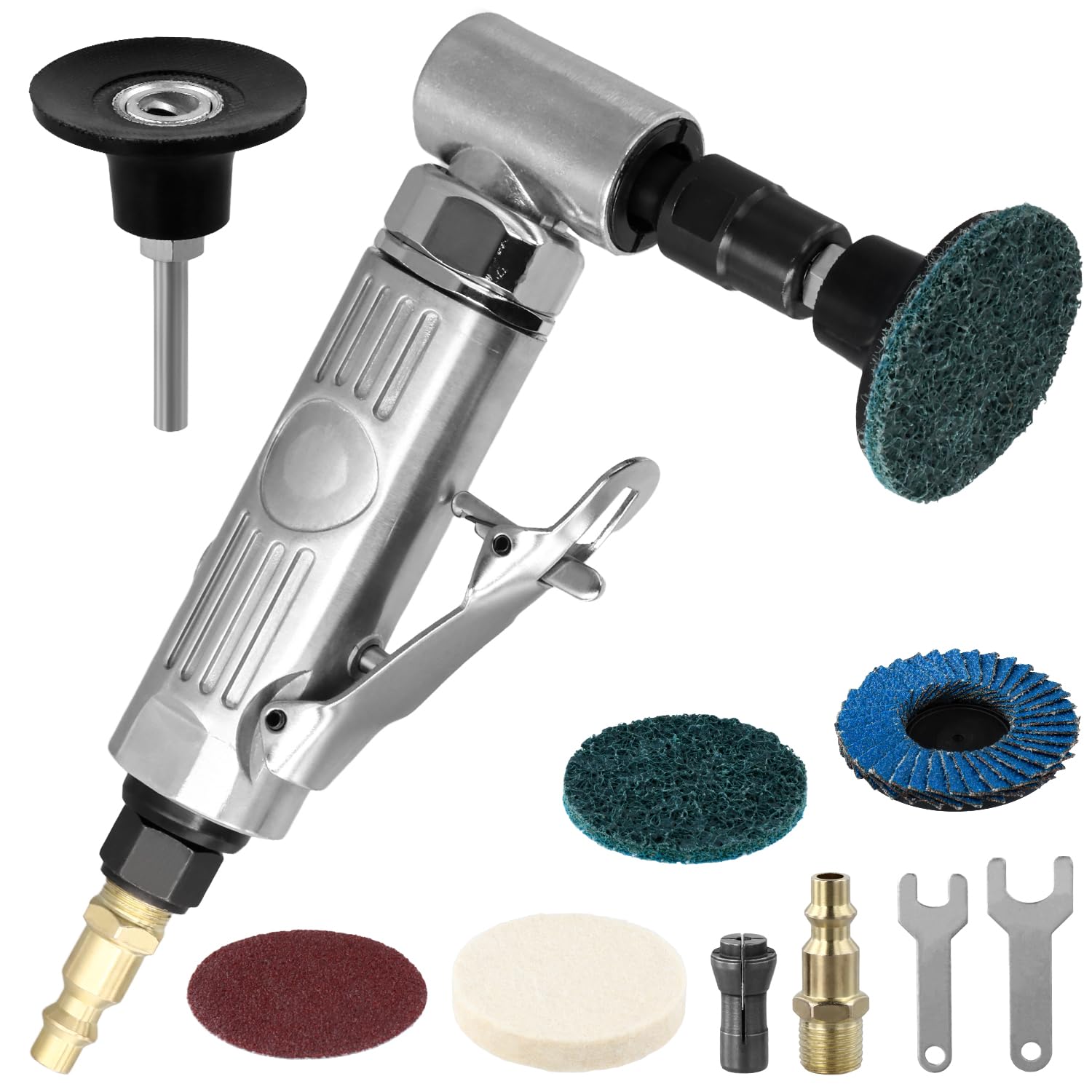 QWORK® Amoladora angular de 90° y muelas abrasivas de 50 mm - presión de funcionamiento 6,2 bar, velocidad de ralentí 12000 rpm - para pulido y esmerilado de precisión
