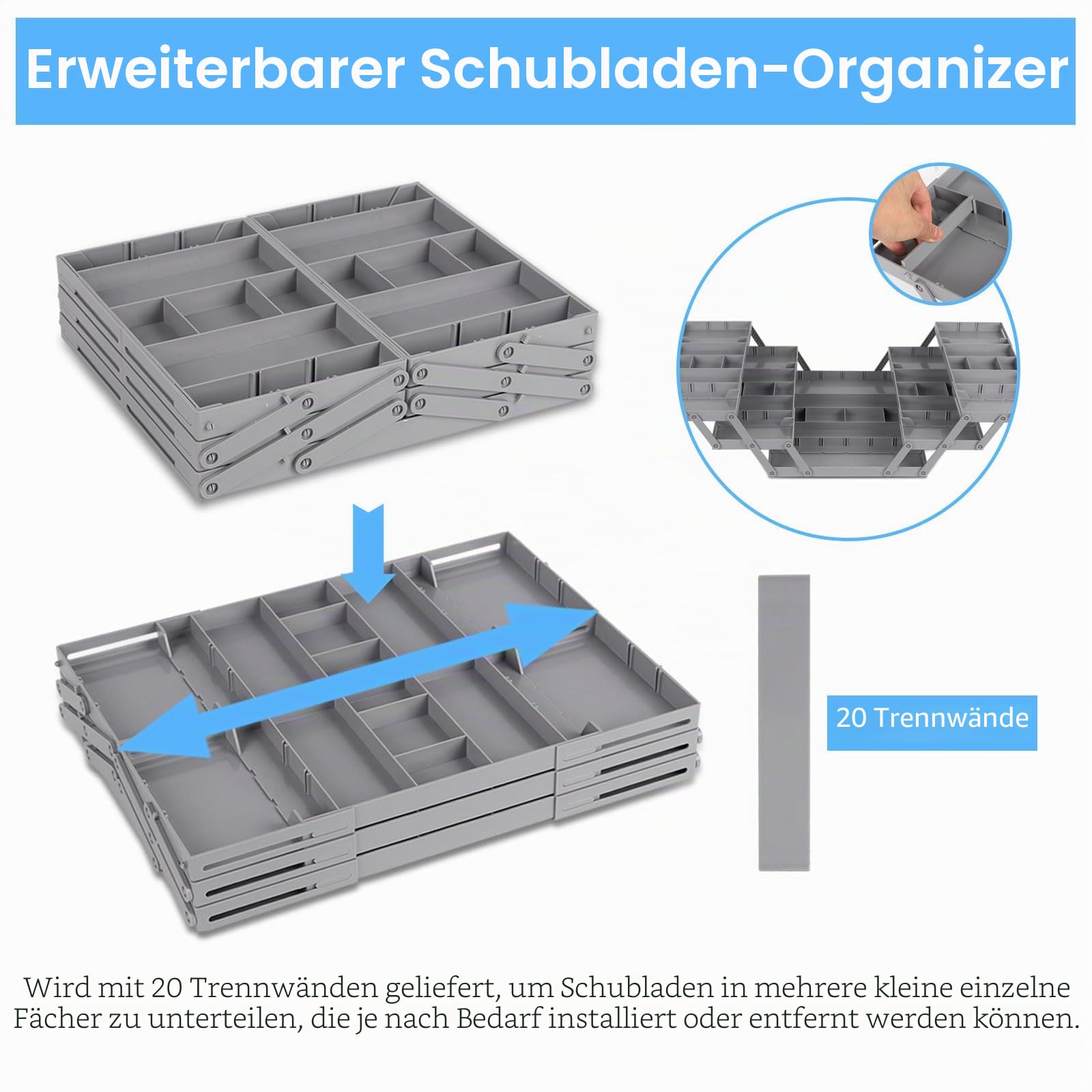Schubladen Organizer System Verstellbar Faltbar, 3 Stufige Expandable Schubladen Organizer, Faltbare Desktop Organizer Box Werkzeug Aufbewahrung für Schreibtisch Schminktisch Büro Küche(Doppelreihig)