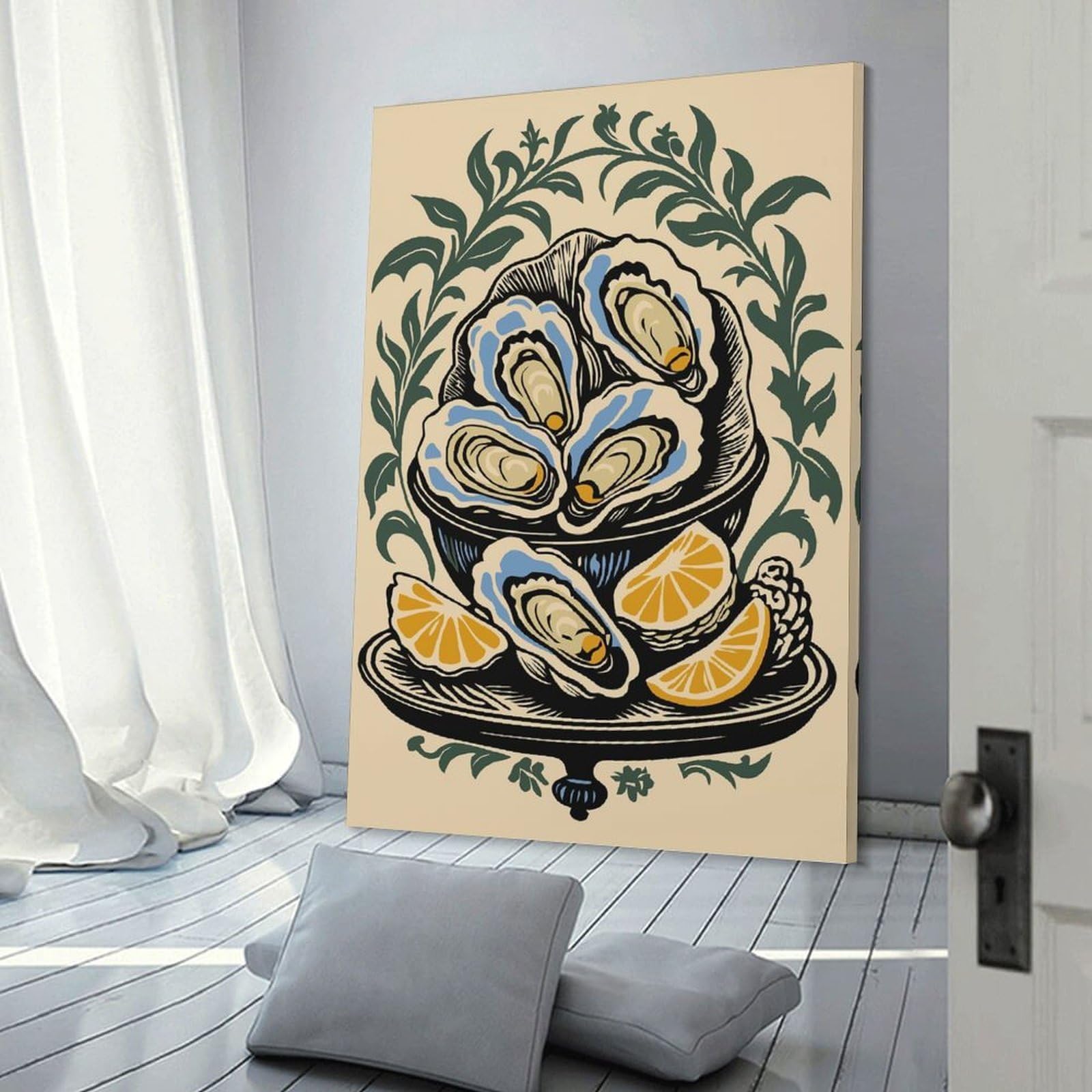 Junmoney Oysters And Lemons Still Life Illustration Canvas Wall Decor, 24x36inch(60x90cm), for Gallery Wall Decor And Room Displays, Wall Decor Suited to Curated Displays