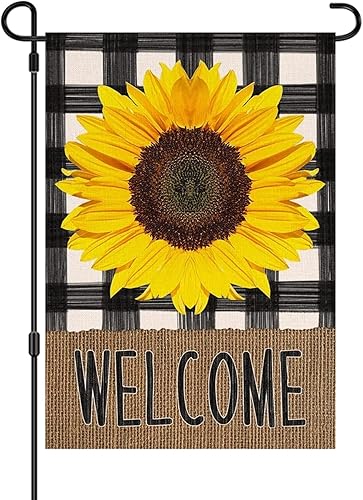 Bandera de jardín de bienvenida de girasol 12 x 18 pulgadas bandera de arpillera de doble cara resistente a la intemperie bandera de búfalo a