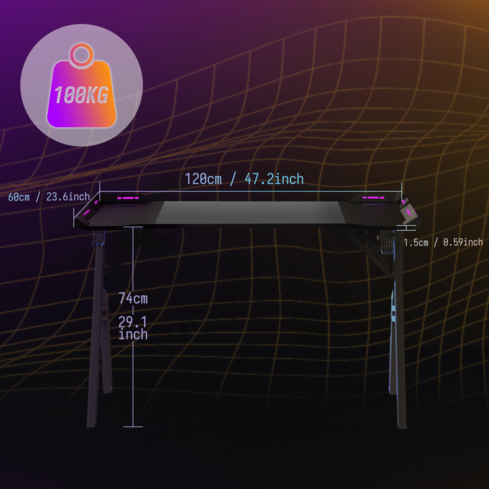 SUBTLETY Gaming Tisch 120x60cm A-Frame Schreibtisch mit Getränkehalter & Kopfhörer Haken Ergonomischer PC Computertisch Tragfähigkeit bis zu 100KG Gamingtisch für Büro
