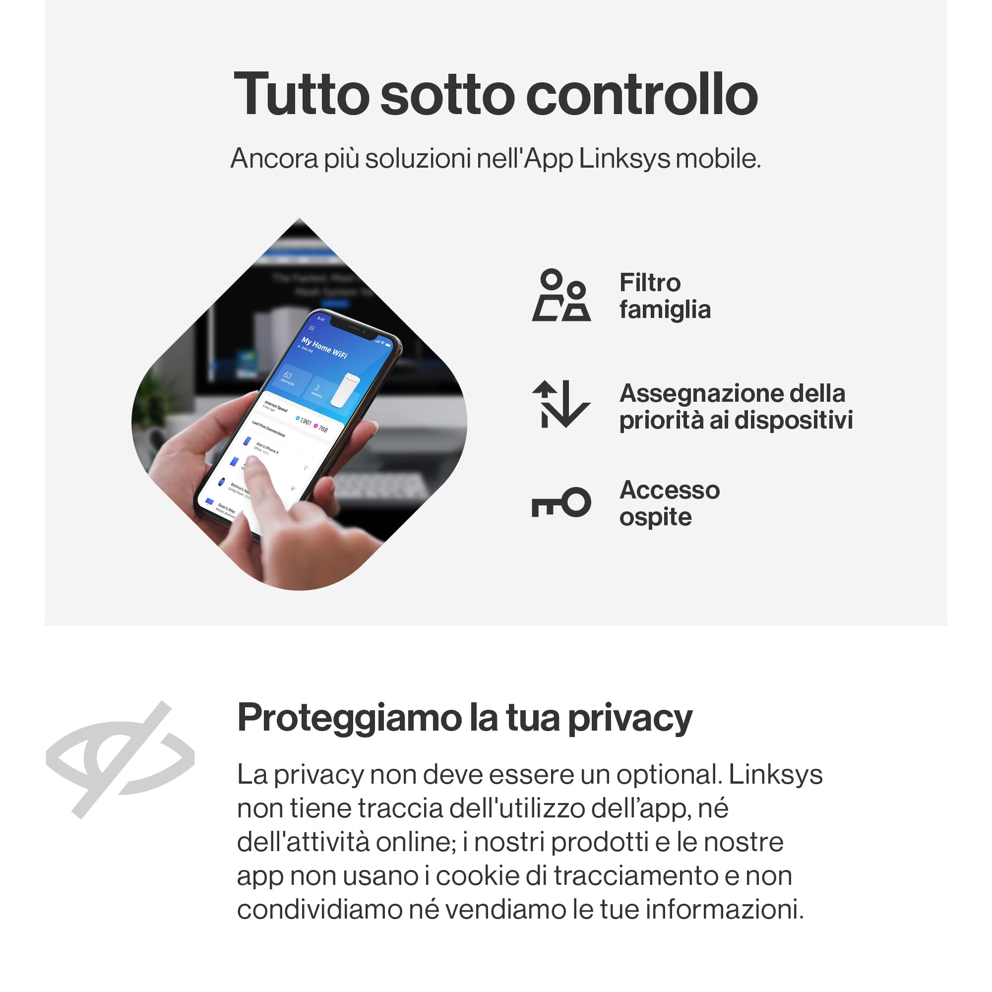 Linksys Velop Pro Sistema WiFi 6E mesh MX6202-KE, Router Cognitive Mesh, Accesso alla Banda 6 GHz e Velocità di 5.4 Gbps, Copre fino a 550 mq e 400 Dispositivi, Conf. da 2
