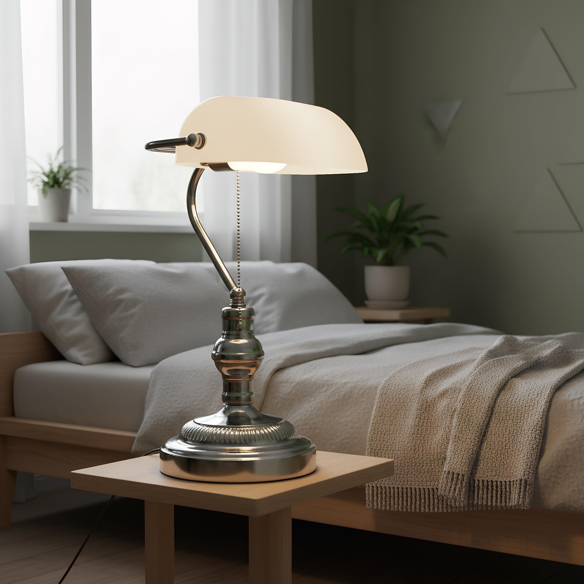 BARCELONA LED - Lampada da tavolo vintage "BANKER" con paralume bianco - Base cromata - Lampada da scrivania classica per ufficio e studio - Attacco E27
