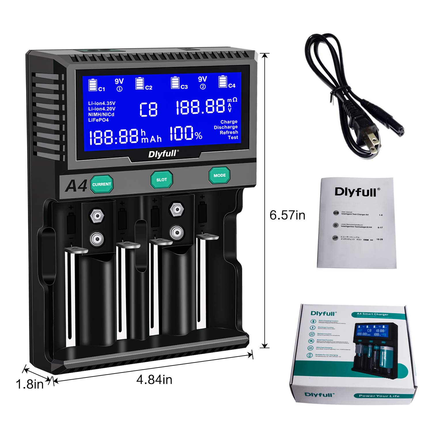 LCD Display Battery Charger 4 Slot 2 9V Battery Slot for 18650 A AA AAA AAAA C D 9V Ni-mh Ni-cd Li-ion Lifepo4 Rechargeable Batteries with Discharge Refresh Test Function : Electronics