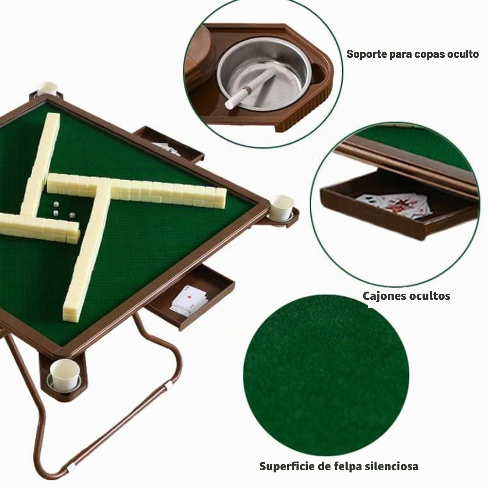 Mesa Plegable de Mahjong - Multifunción Cuadrada Con Portavasos y Bandejas para Fichas - Juego de Mesa Portátil para Dominó, Póquer y Blackjack