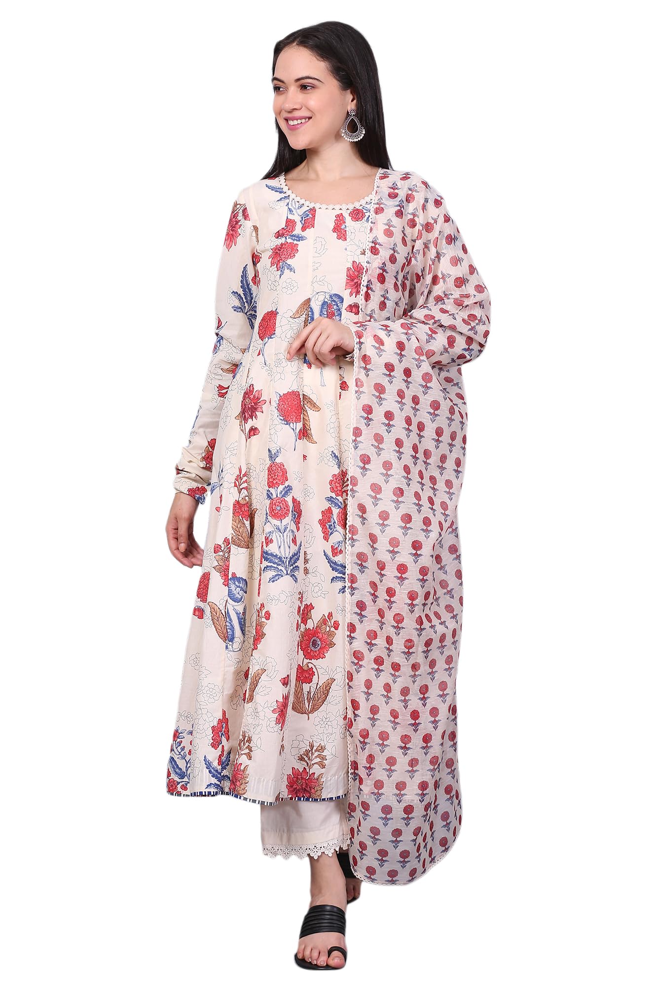 w for woman Grey Floral Printed Kota Flared Kurta, Straight Pant And Dupatta Set-picture-28