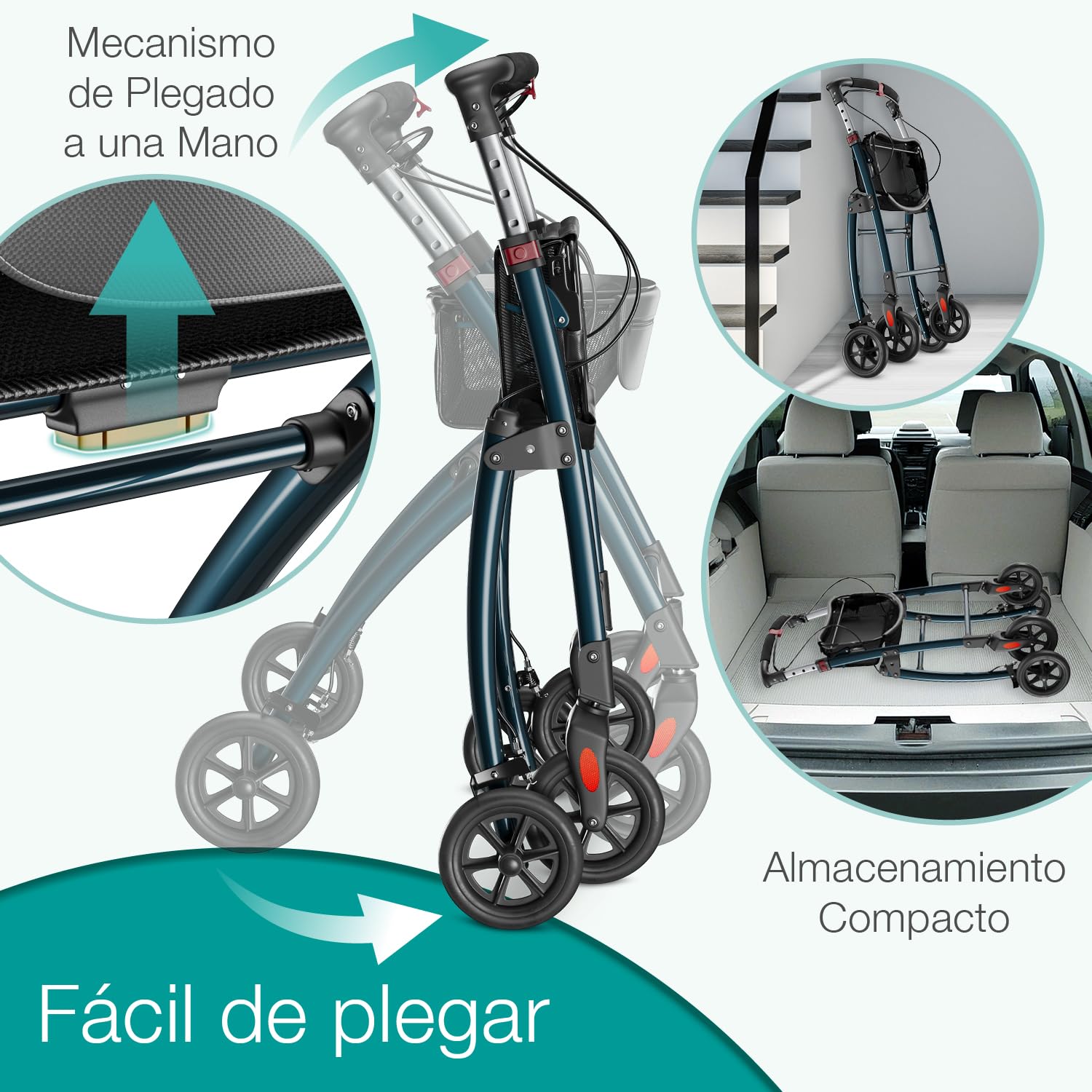 ELONEO Andador para Ancianos con 4 Ruedas - Plegable, Ligero y Compacto, Andador Adulto para Interiores, Ancho 54 cm, Incluye Bandeja y Cesta de Tela, Ayuda a la Movilidad de Aluminio Antracita