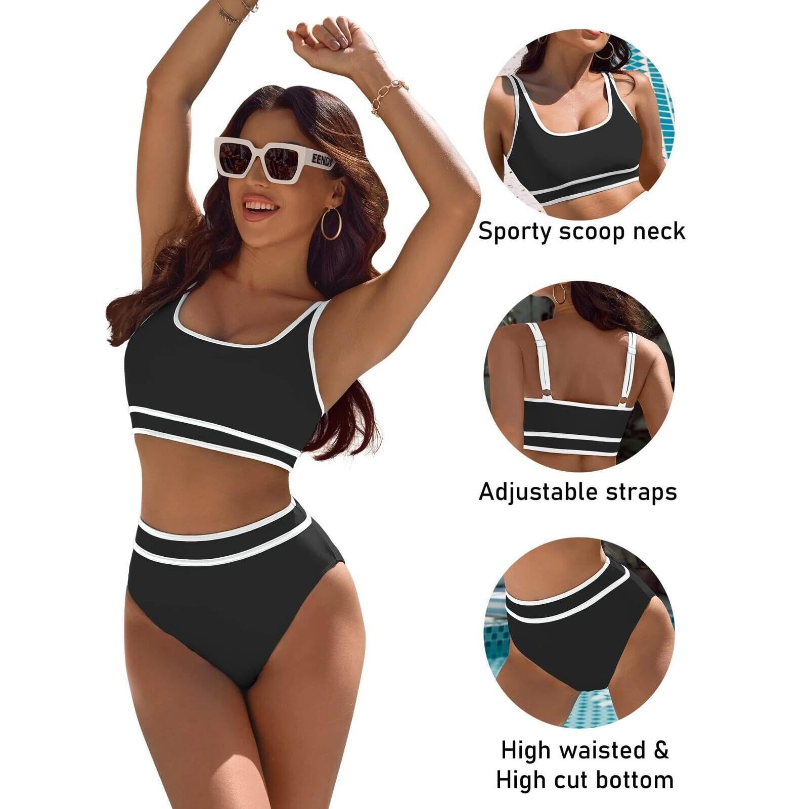 Set Bikini a Vita Alta da Donna Costumi da Bagno Sportivi a Due Pezzi Color Block sfrontati S-XL Purple NAN_L