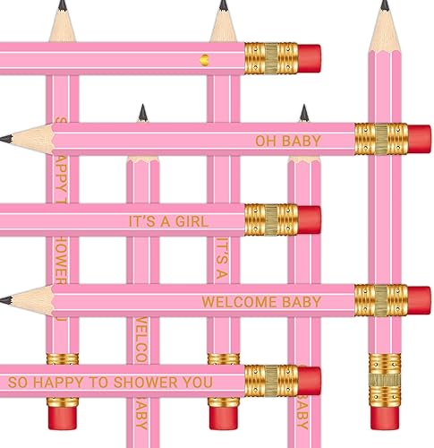 50 lápices afilados para baby shower con borradores, lápices preafilados para juegos de baby shower, 4 pulgadas (niñas-rosa)