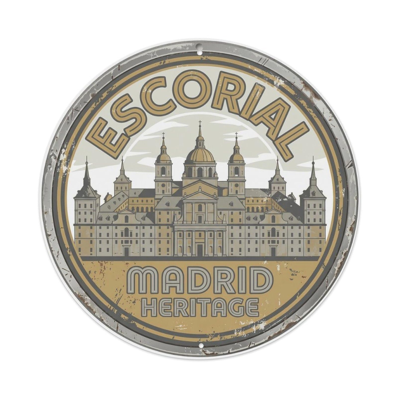 Vintage Travel Escorial Monastery Spain Metal Tin Sign Plaque Wall Decor for Cafe, Club Bar, Office, Home Garden Round Metal Poster 8x8Inch