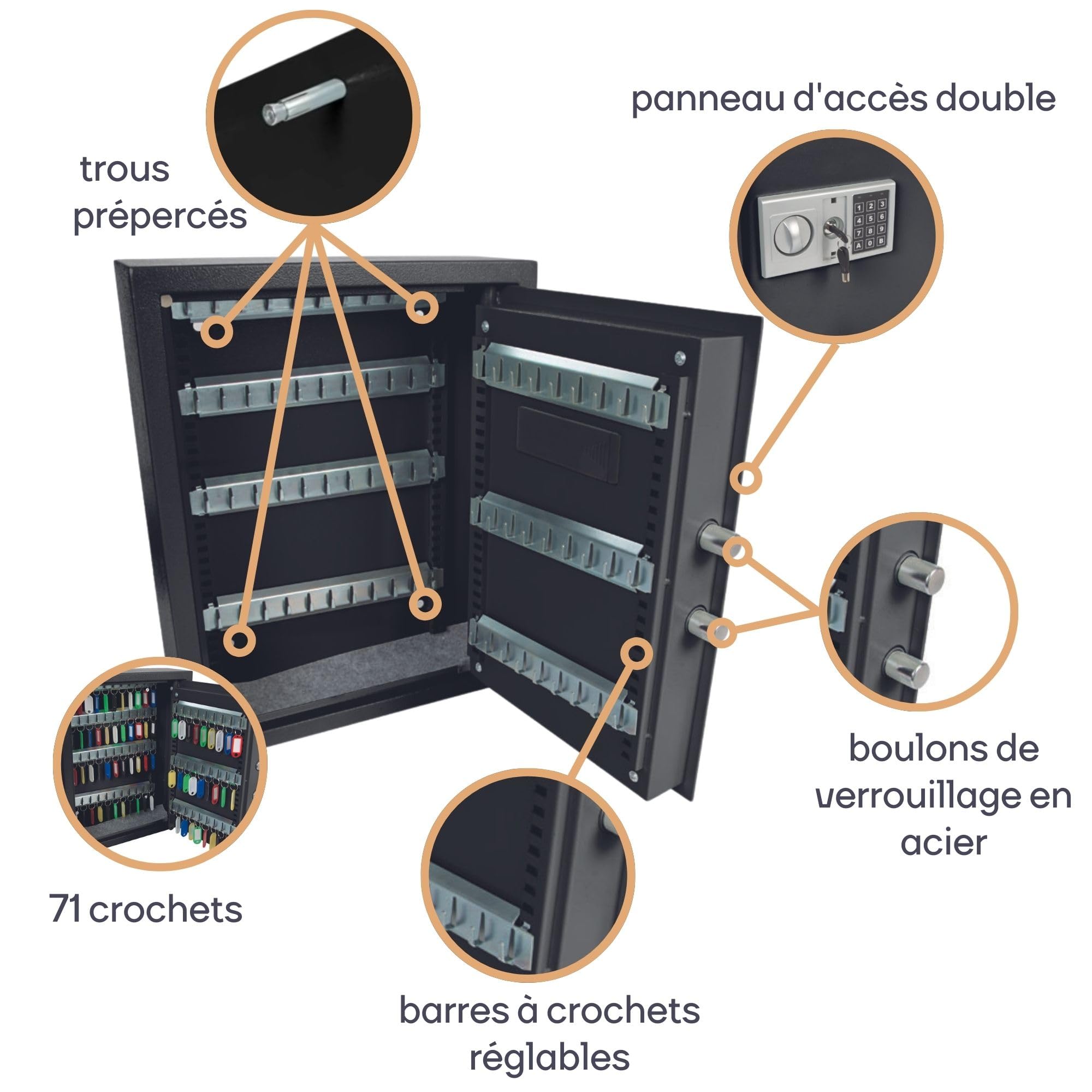 Perel Armoire à clés à Combinaison, 71 Crochets, avec 71 Porte-clés et 2 clés de Secours, Noir