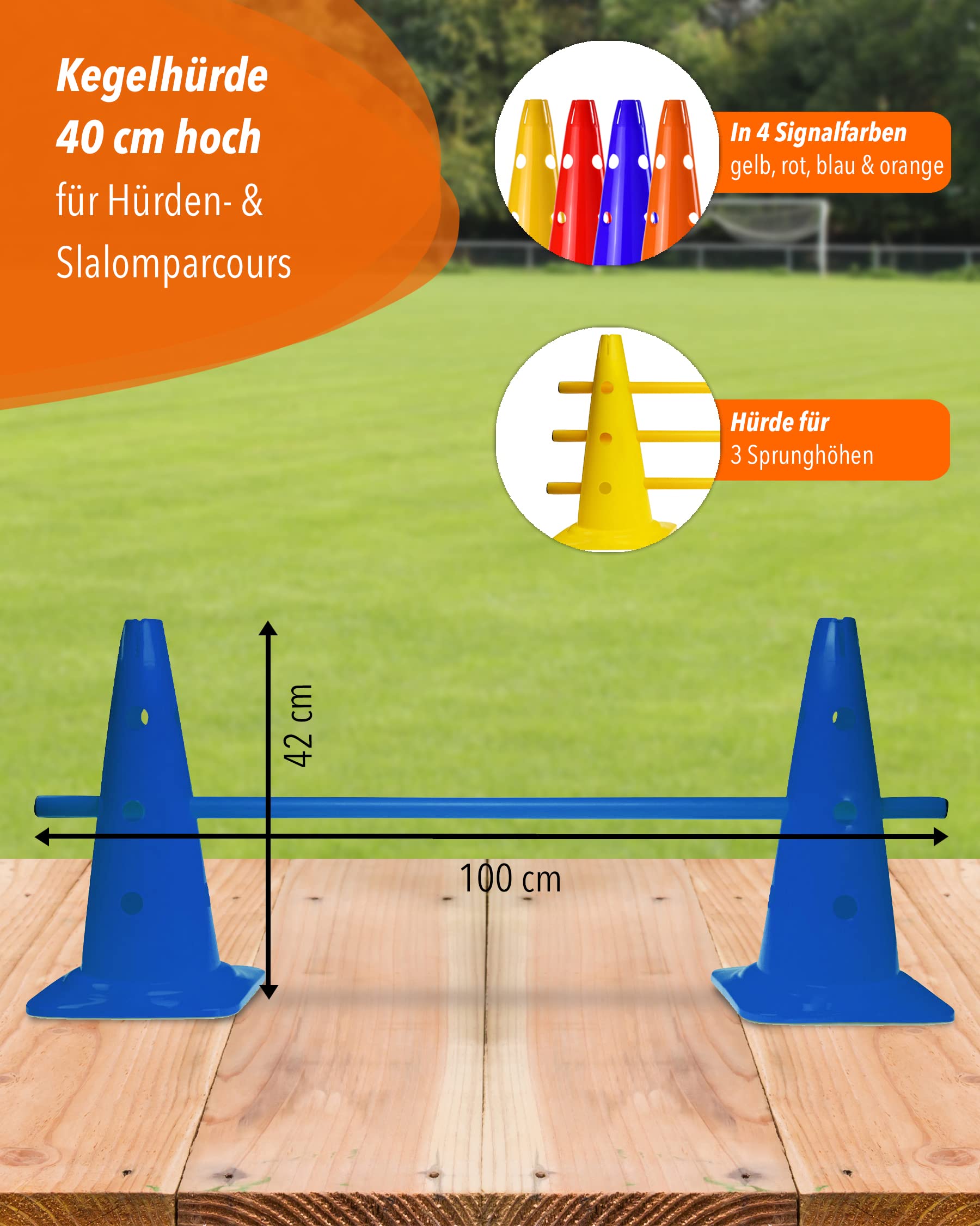 Kombi Kegel 40 – 4 im Set – für den Aufbau von Hürden- oder Slalom-Parcours für Agility-Training – Sprung & Slalom für Hund, Sport, Pferd & Kind