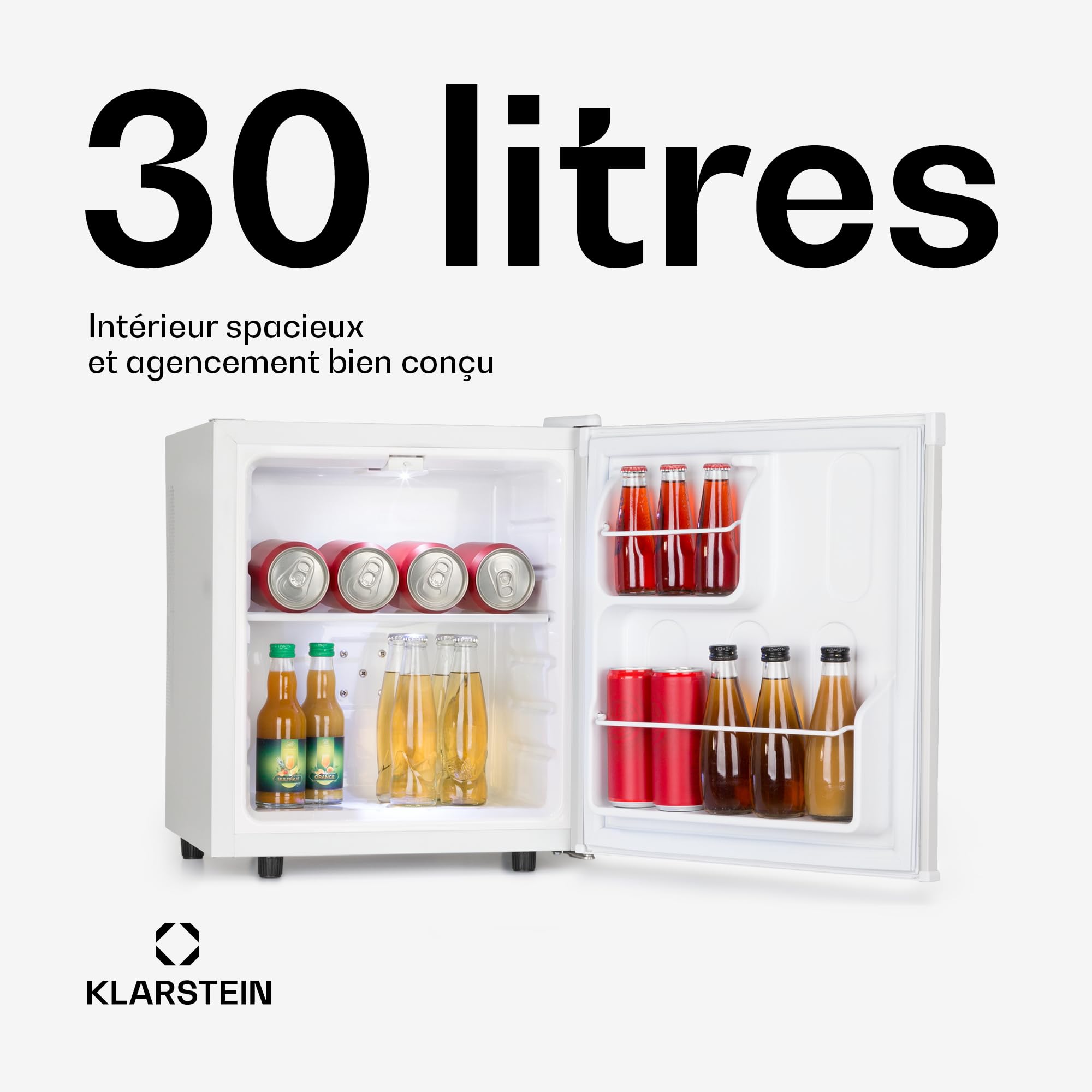 Klarstein Mini Frigo de Chambre de 30L pour Snacks et Boissons, Petit Frigo Top Silencieux, Mini Bar, Petit Réfrigérateur Camping, Mini Frigo Cosmetique, Refrigerateur avec Étagères Réglables, 5-15°C