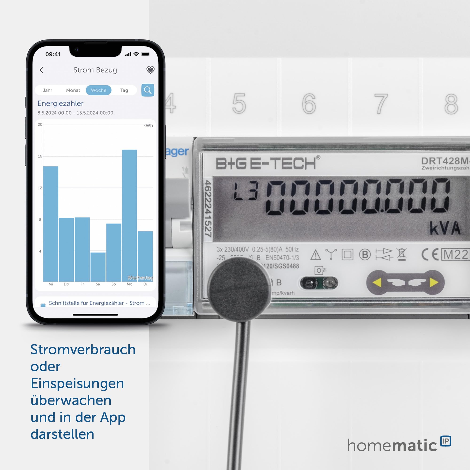 Homematic IP Interfejs Smart Home do cyfrowego licznika prądu, interfejsu energetycznego, pomiaru energii i oszczędności kosztów, monitorowanie zużycia energii za pomocą aplikacji, automatyzacja
