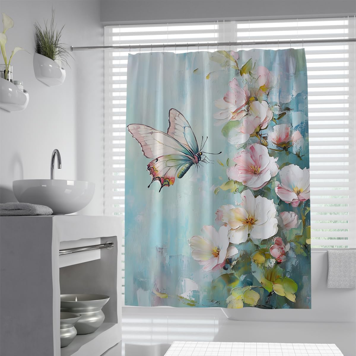 UERWOWELL Dreamy Pastel Butterfly Shower Curtain Oil Painting Style Floral and Bird Patterns Bath Curtain Farmhouse Bathroom Decor Waterproof Fabric W200xL200 cm