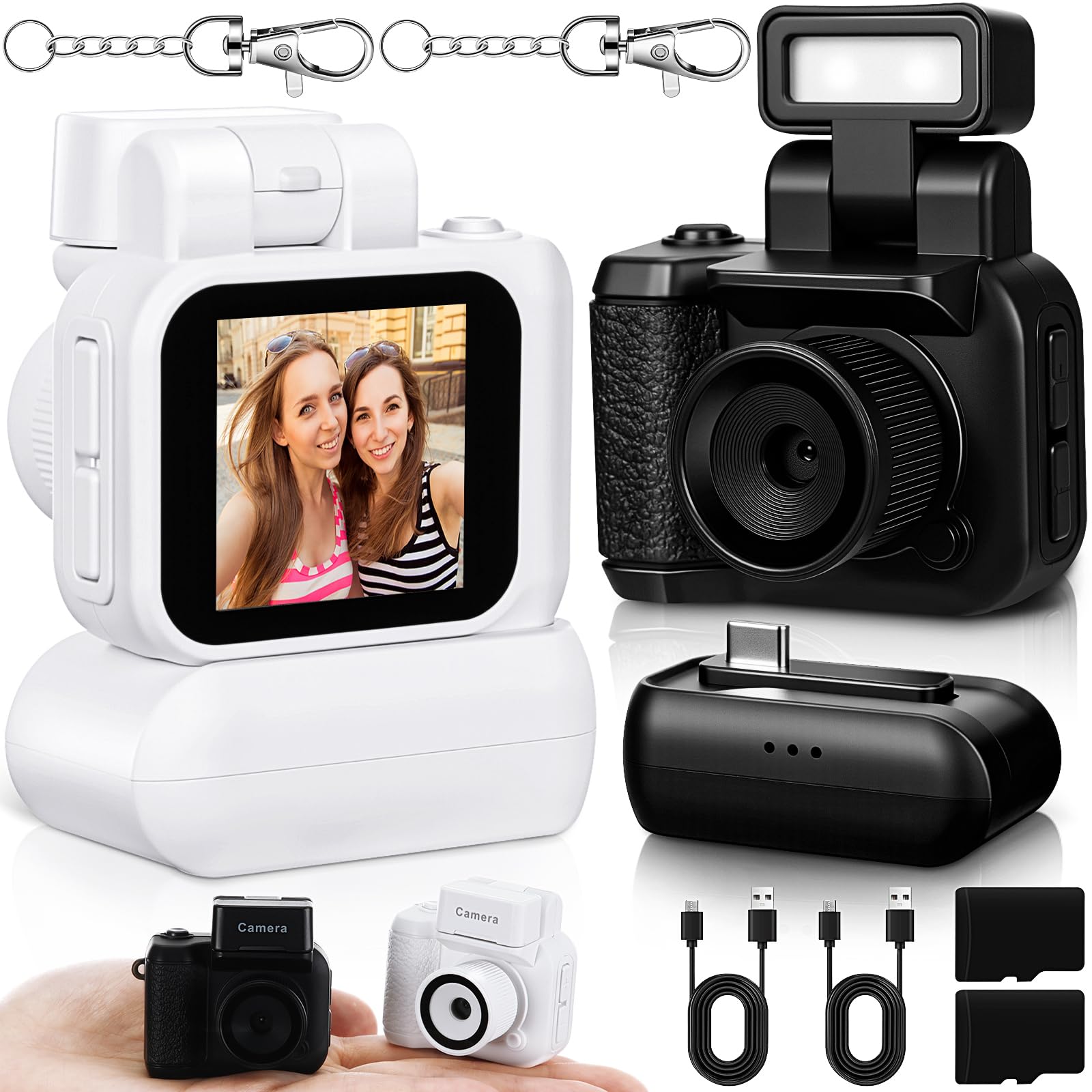 Relaxweex 2 Sets Mini Keychain Camera 1080p Small Retro Portable Photo Video Camera 600 Mins Battery Life 16 GB Micro Video Camcorder with Flash Light