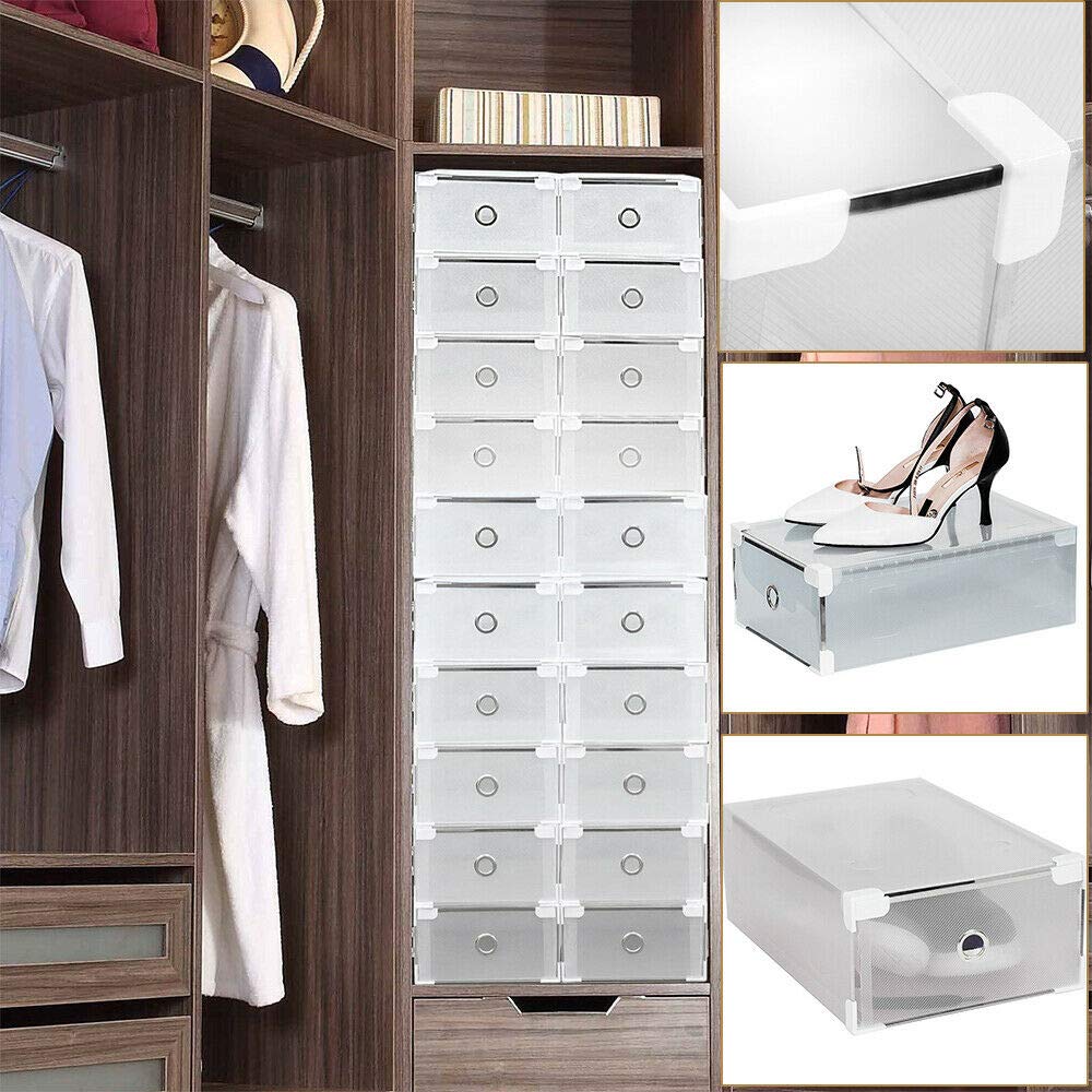 Paquete de 20 cajas de plástico para zapatos, cajas de almacenamiento plegables y apilables, caja de almacenamiento apilable para hombres y mujeres