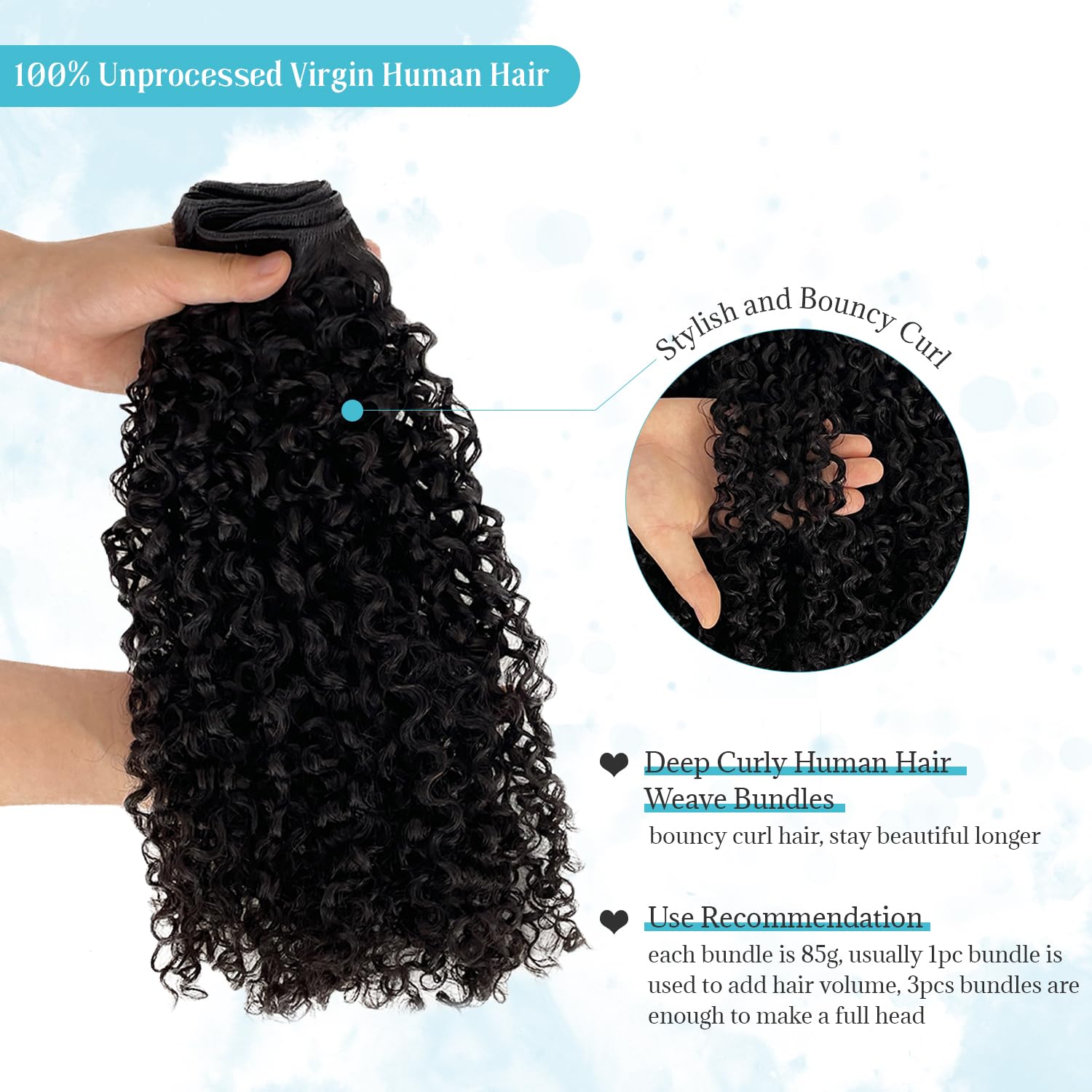 Deep Curly Bundles Human Hair Unprocessed 15A Brazilian Virgin Real Human Hair Sew in Weft Extensions 16 Inch #1B Natural Color Wet and Wavy Weave Bundles for Black Women 85G No Shedding