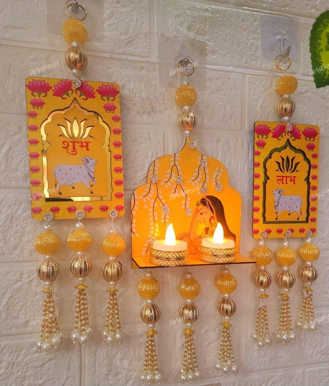 Divyakosh Wooden Jharokha Shubh Labh Wall Frames with LED (1 Set - 3 Pcs) ; Yellow ; Rajasthani Window Style Wall Decor for Home, Living Room, Hall & Office, Diwali Decorative Items |