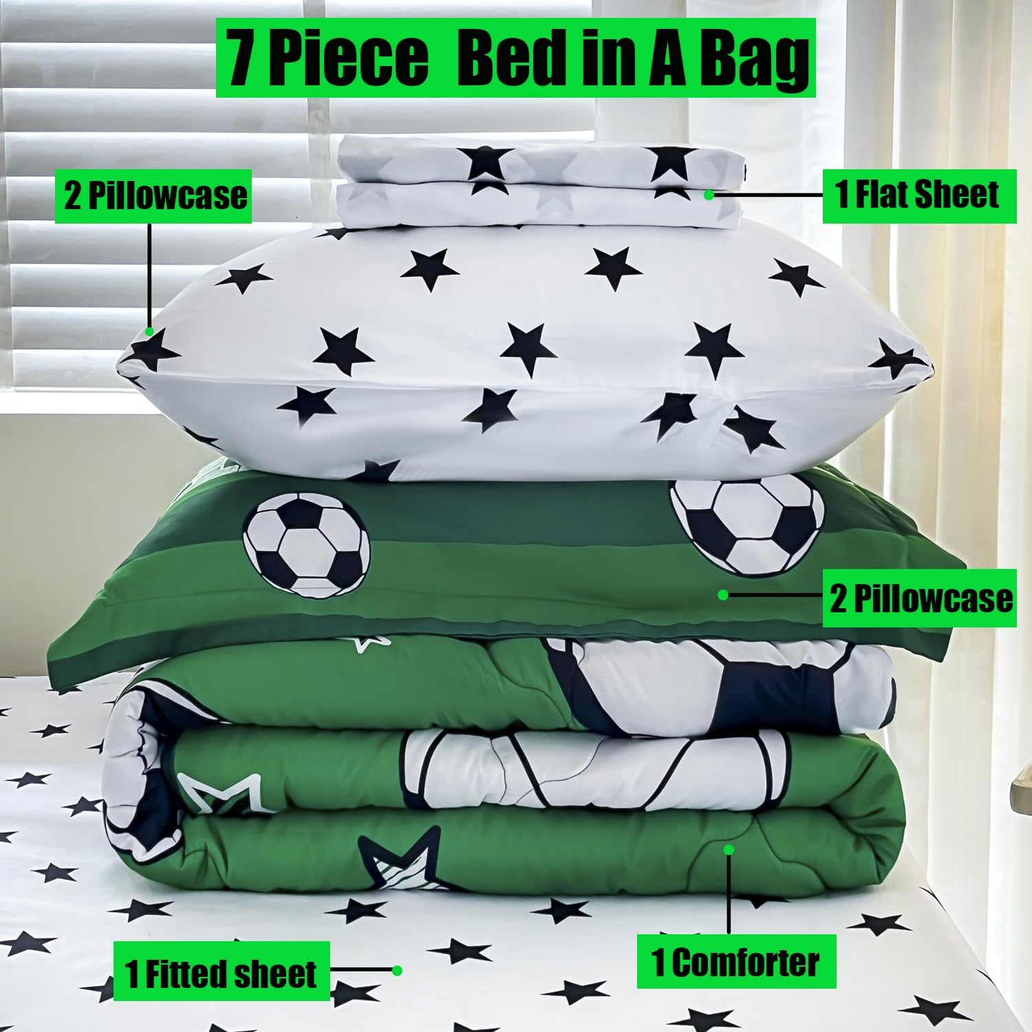 7 Piece Boys Soccer Comforter Set Full Size Bed in A Bag 3D Football Playground Sports Bedding Set for Kids Microfiber Comforter All Season Green - Image 2