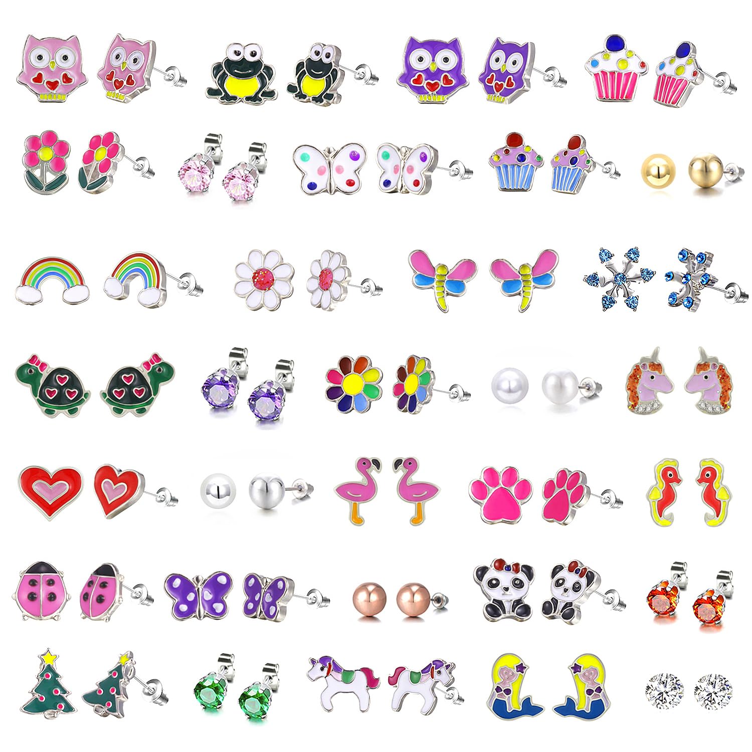 Colorful Charms: 33-Pair Hypoallergenic Earrings for Sensitive Ears with Stainless Steel Post -Assorted Cute Stud Earring Set