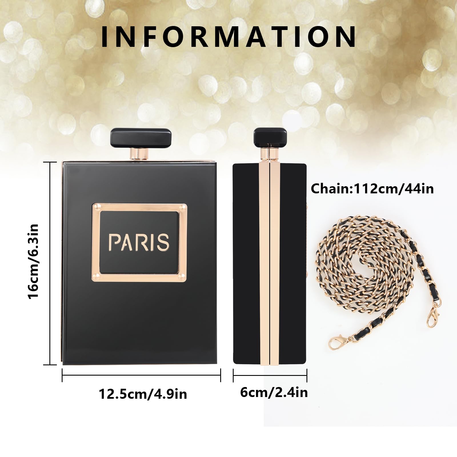 WJCD Sac à main pour femme en acrylique noir en forme de parfum
