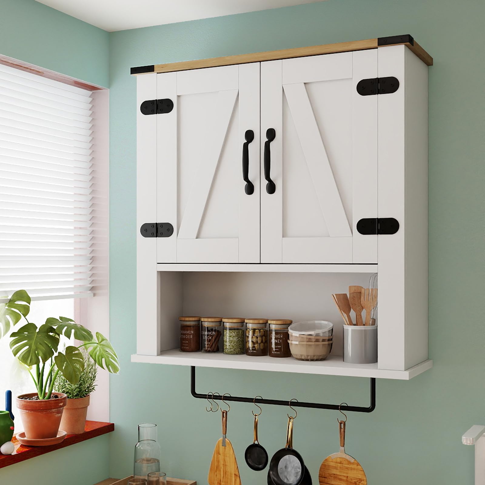 LIFEZEAL Mobiletto Bagno Salvaspazio da Parete, Bianco, Pensile Bagno Sospeso con Barra Portasciugamani, 2 Ante con Ripiano Regolabile, Armadietto, Armadio, Mobile, per Cucina, in Legno, 60x20x72,5cm