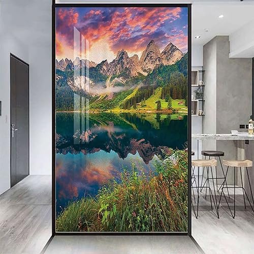 Marfil verde naranja sin adhesivo, decoración de ventana de vitral, colorido verano amanecer en el lago, película de privacidad estática para