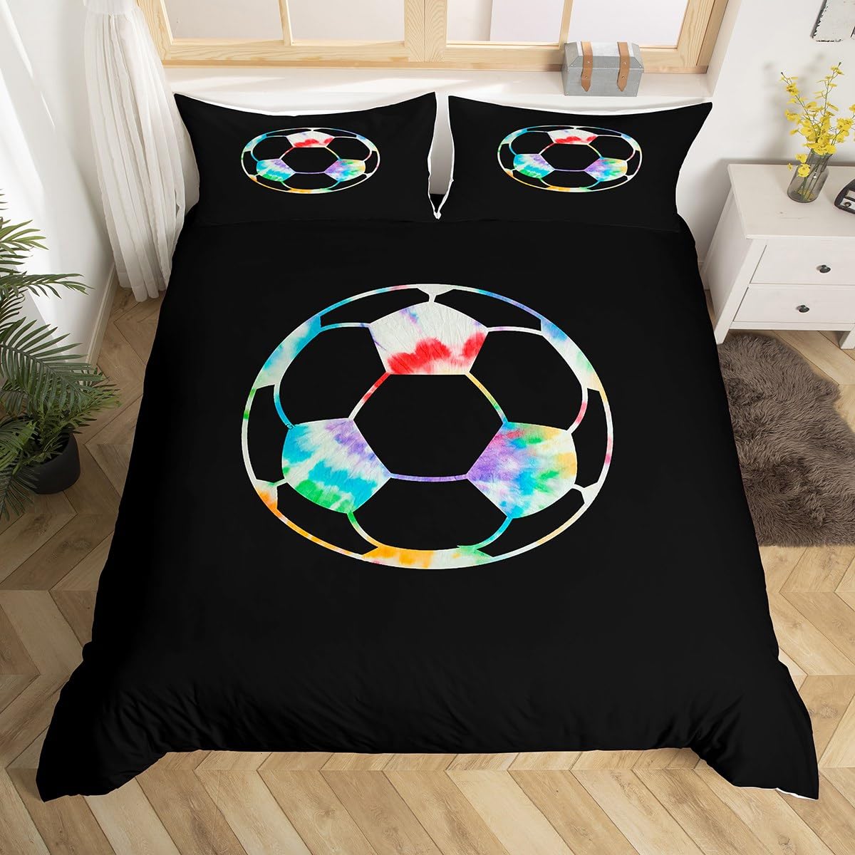 Soccer Ball Bedding Set for Kids Boys Girls Football Soccer Lover Comforter Cover Set Boho Tie Dye Duvet Cover Bohemian Bedroom Decor Bedspread Cover Bedding Collection 2Pcs Single