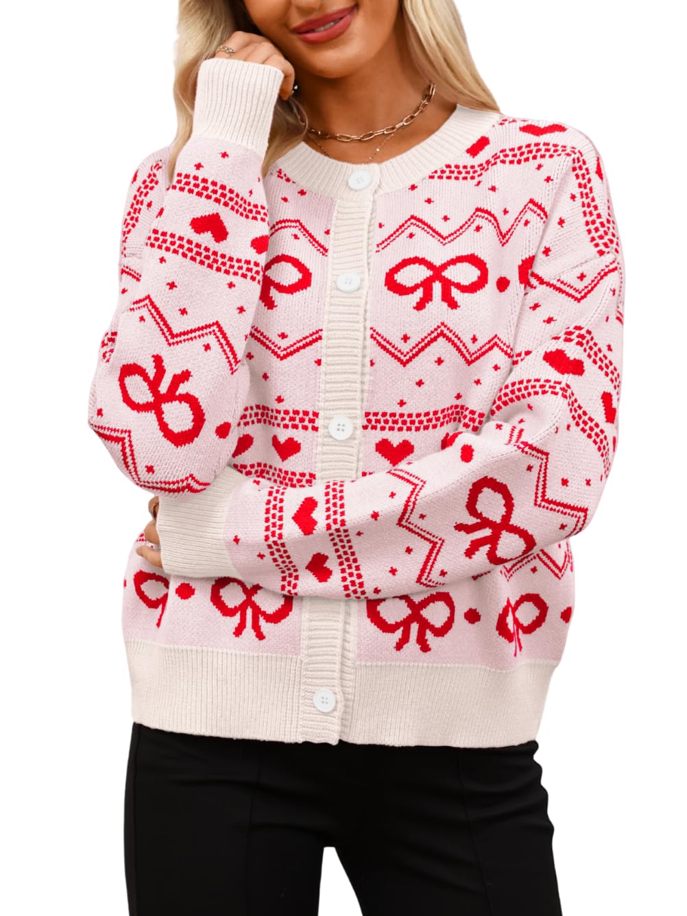 Womens Cute Bow Heart Cardigan Crew Neck Button Up Striped Cardigan Valentines Christmas Sweaters Holiday Outfits