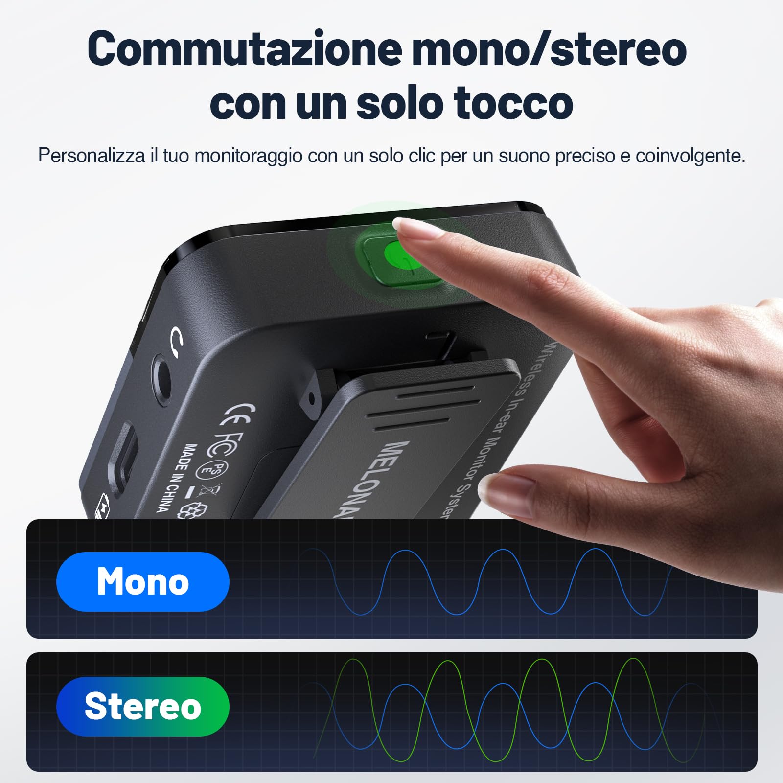 MELONARE PM-2S Sistema di monitoraggio wireless portatile in ear, interruttore mono/stereo, trasmettitore e ricevitore wireless, audio 24bit/48kHz, ingresso OTG, IEM per spettacoli dal vivo