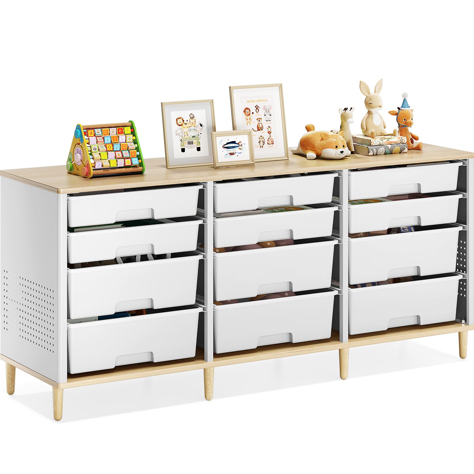 Storage Cabinet with 12 Drawers, Home Storage With Wooden Tabletop, Cube Storage Organizer for Living Room, Bedroom, Classroom, Office, Playroom, Craft Room, (White)