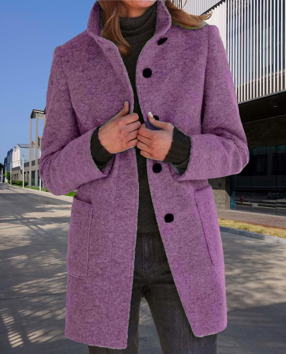 Womens Winter Long Vintage Solid Color Coat Wool Blend Standing Collar Button Thickened Jacket - Image 4