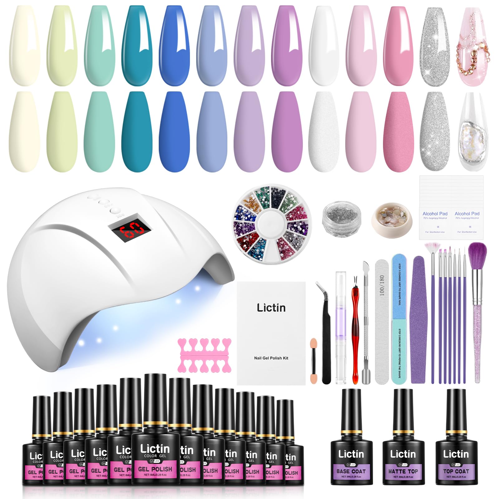 Lictin Kit Uñas de Gel - kit Lampara Uñas de Gel,12 Colores* 8ML Esmalte Semipermanente Gel Uñas,36W Lámpara Secador de Uñas UV/LED,Removedor de Uñas, Herramientas de Manicura