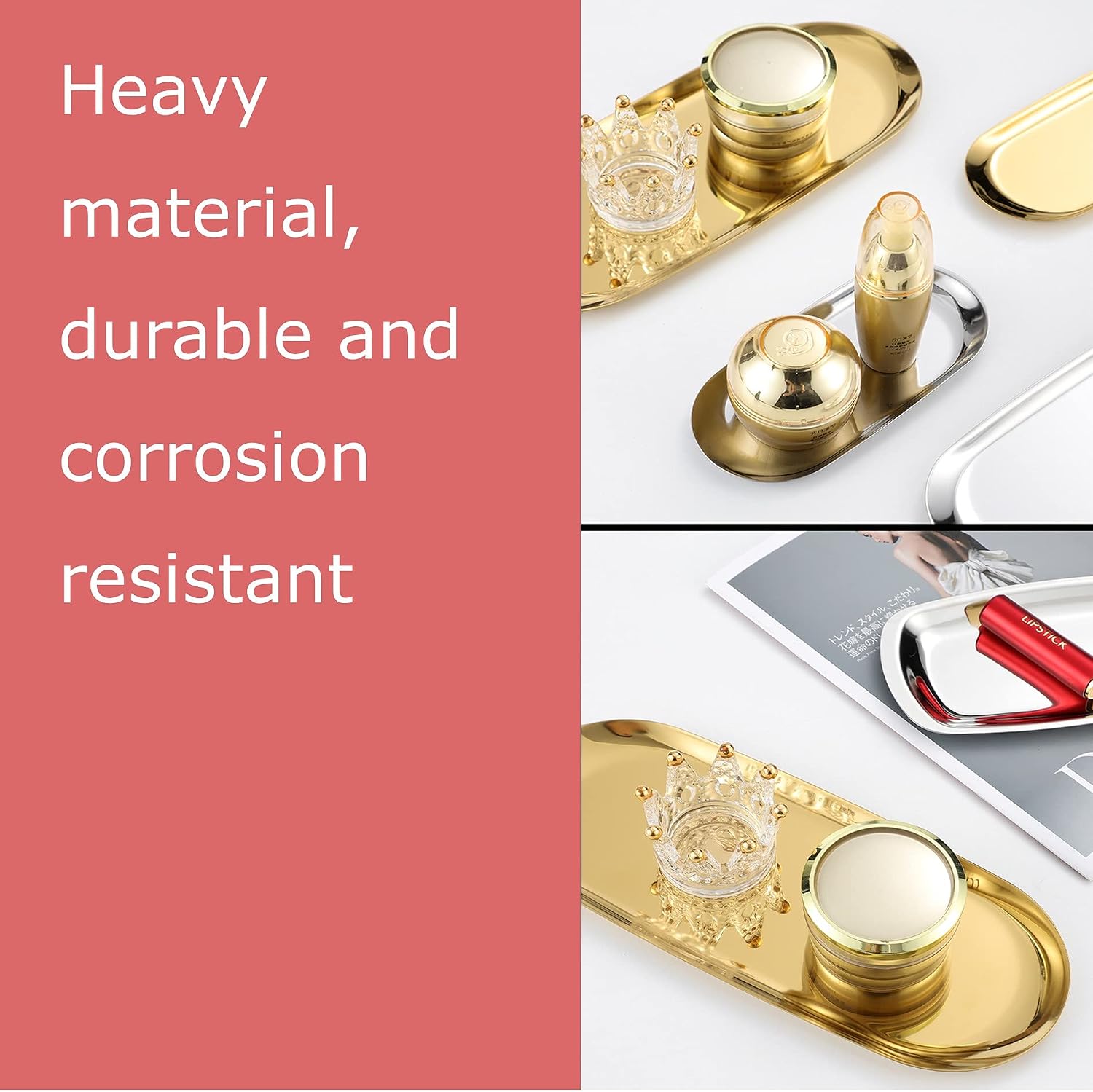 2 Pack Long Narrow Gold Rolling Metal Decorative Tray, 12 Inch Stainless Steel Golden Serving Tray, Oval Brass Vanity Tray Table Décor Platter for Jewelry, Towel, Bathroom, Desktop, Exxacttorch