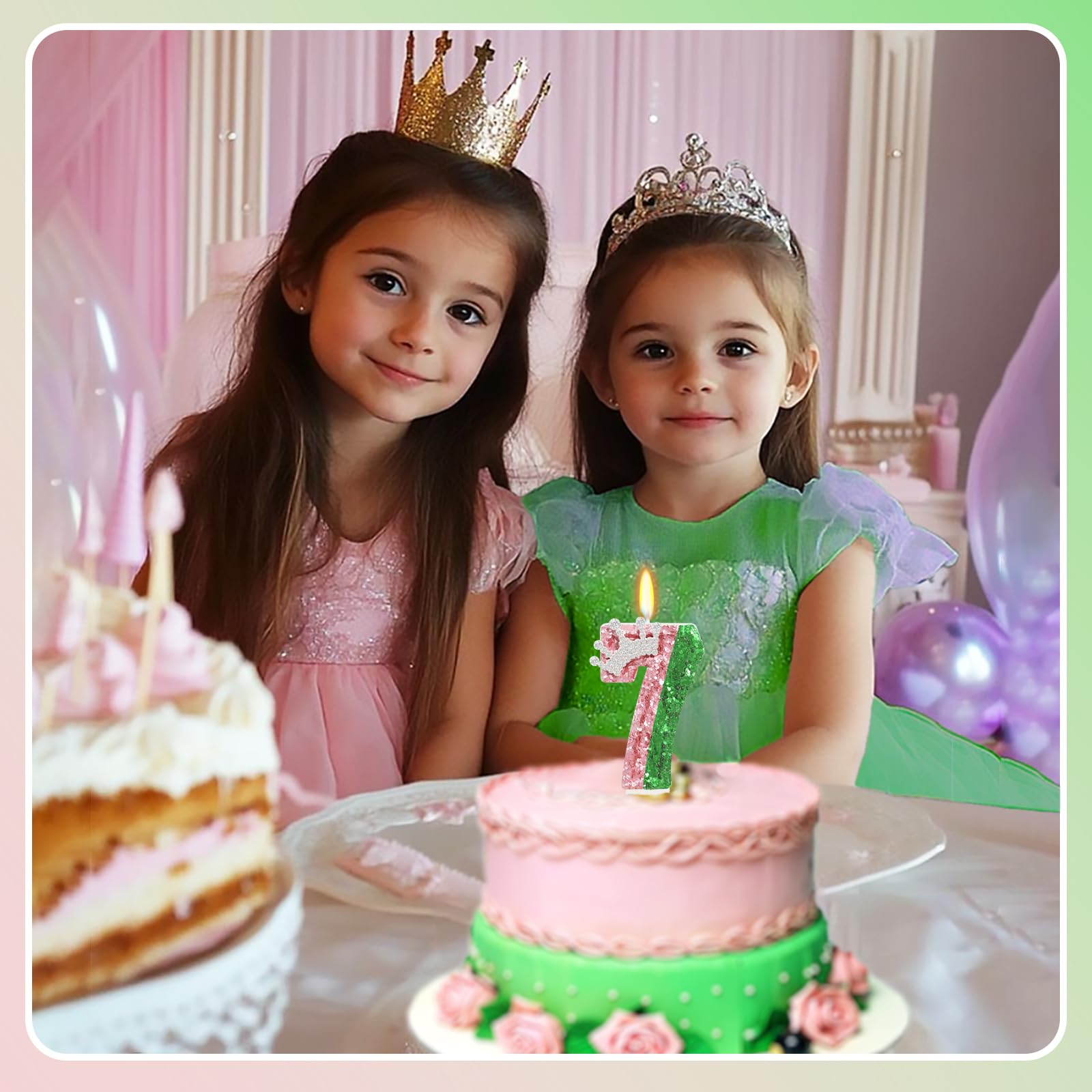 Vela con números de cumpleaños rosa y verde, vela con números de cumpleaños malvados, decoración de pastel para decoraciones de fiesta de cumpleaños (número 7)