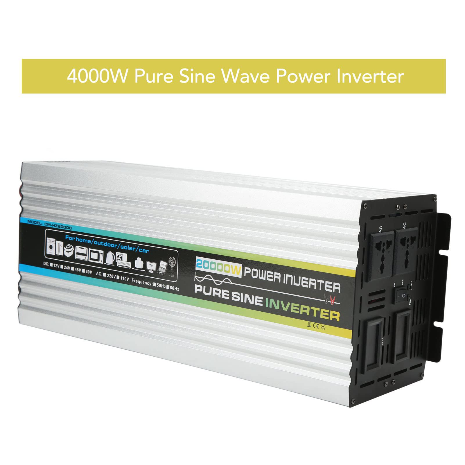 Changor Inverter a Onda Sinusoidale Pura da 4000 W con Controllo Intelligente della Temperatura per, Barche e Applicazioni Solari Lega di Alluminio 17,2x7,1x5,3 Pollici (DC48V)