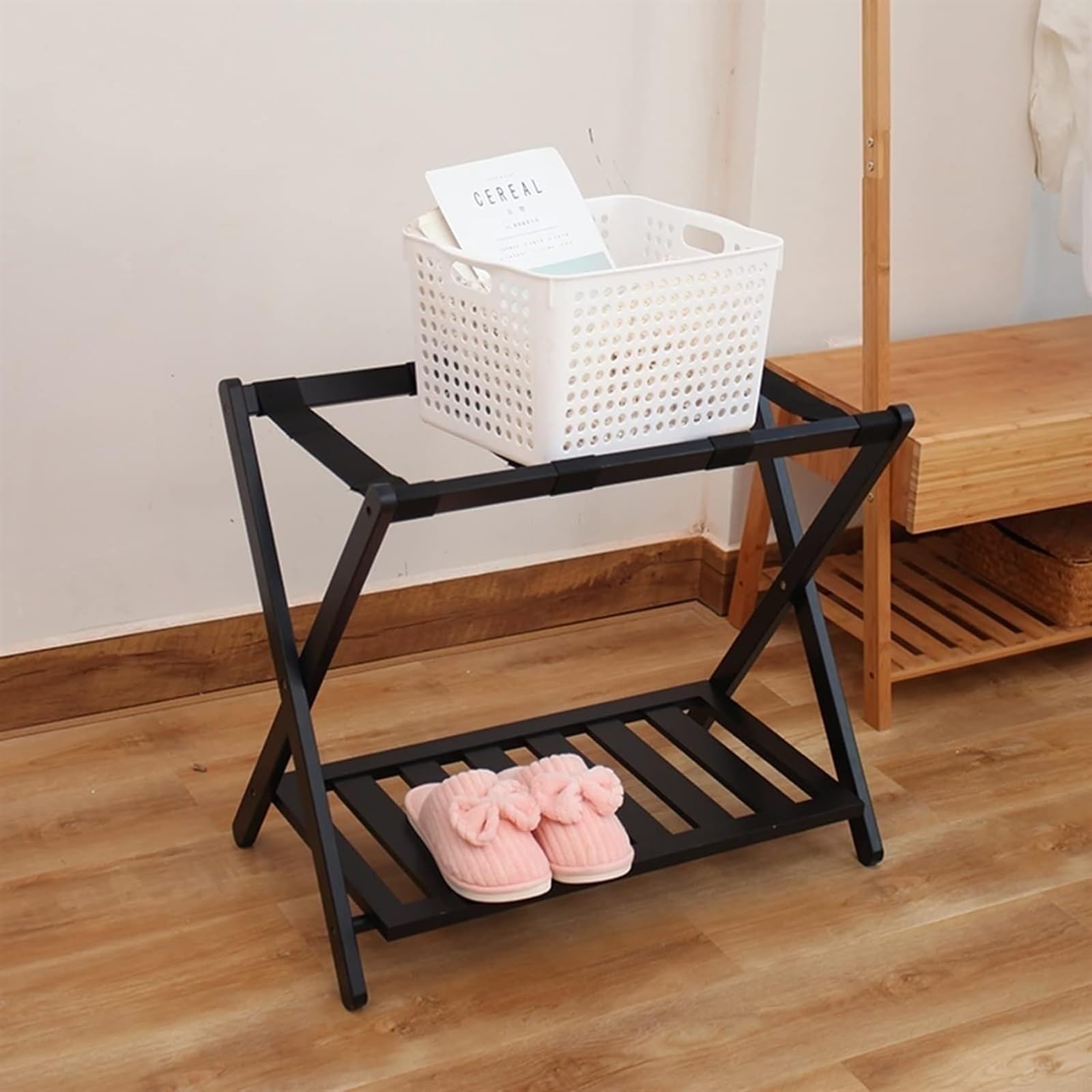 Portaequipajes Soporte Para Maletas Portaequipajes Para Habitación De Invitados, Soporte Para Maleta Con Estante, Estante Plegable De Bambú Para Equipaje De Doble Capa Portaequipajes Para Hotel