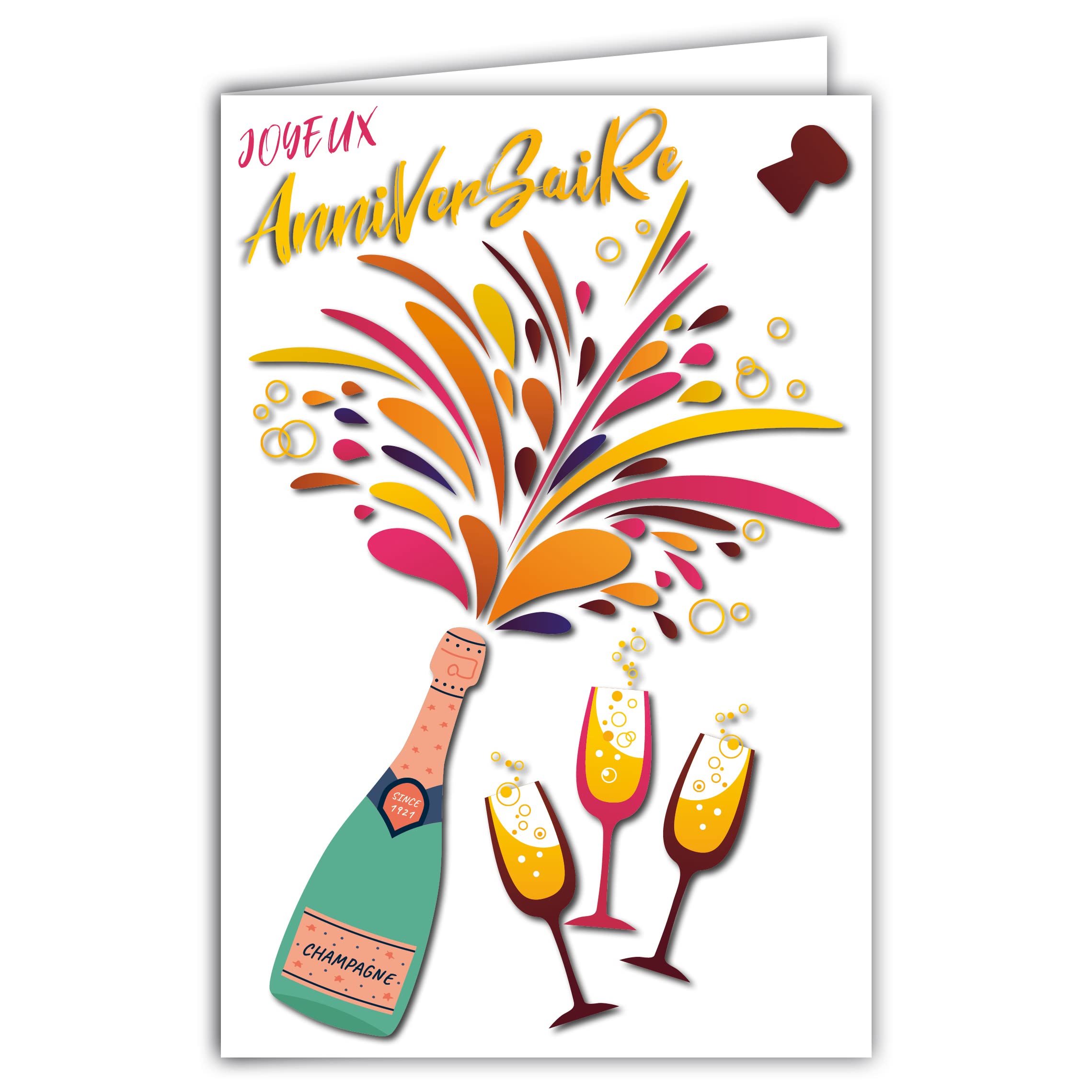 Afie 69-8038 Happy Birthday Champagne Bottle Flutes Bubble Stopper Sparkling Sparkling Illustration with Envelope Format 12 x 17.5 cm Paper from sustainable forests. Made in France