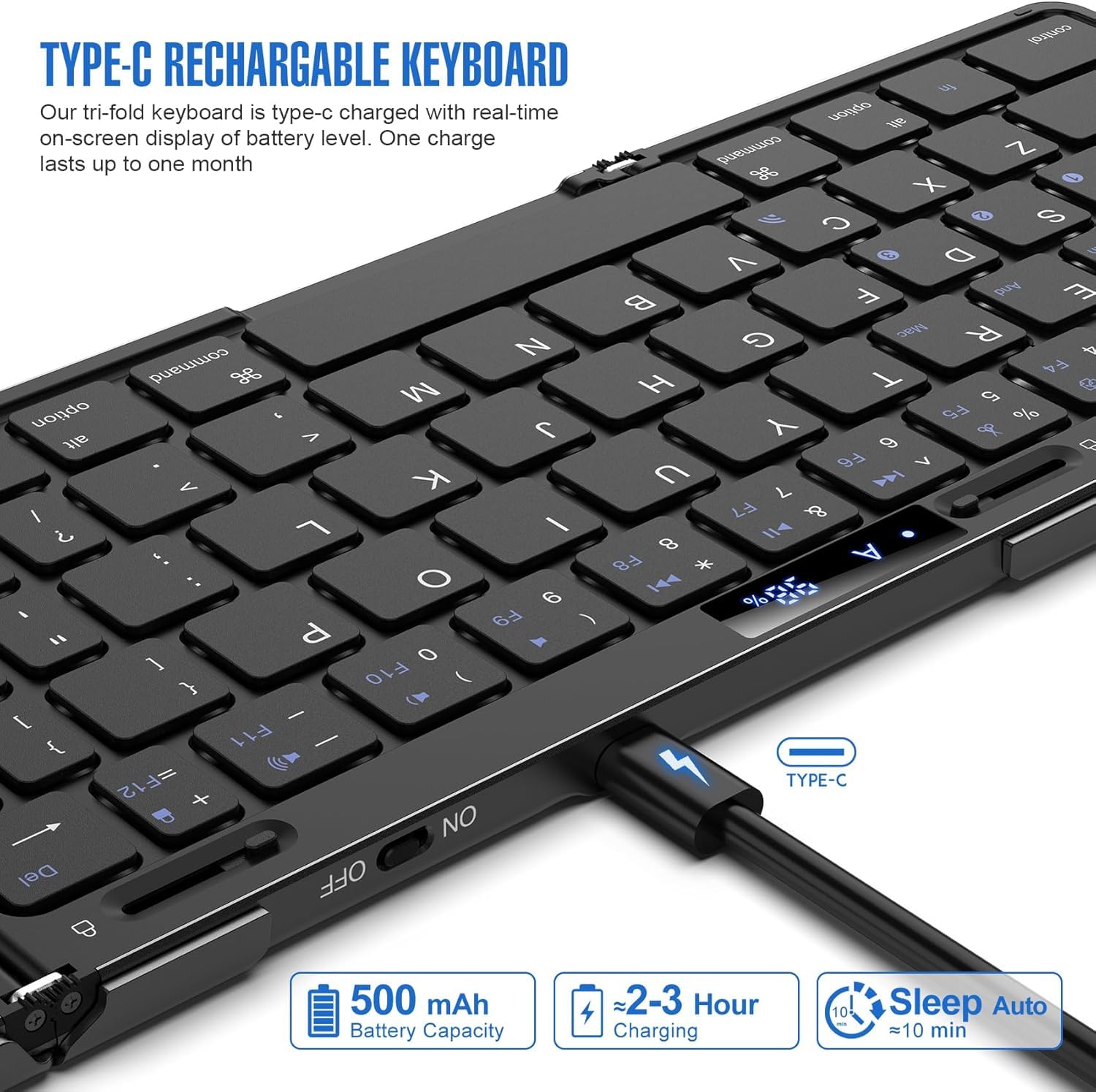 JOMAA Wiederaufladbare faltbare Tastatur mit Touchpad-Maus-Tastatur mit RGB-Hintergrundbeleuchtung und Akku-Bildschirm-Display, faltbare und feste Tastatur für Tablet, iPad, Telefon, 3-Geräte