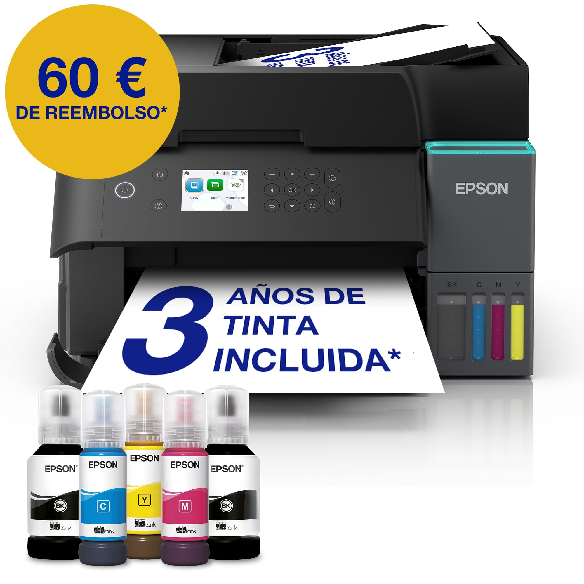Epson EcoTank ET-3950 Impresora de Depósito de Tinta Wi-Fi A4 Doble Cara Imprimir Copiar Escanear Pantalla LCD 6,1cm ADF 30 Hojas Tinta Incluida