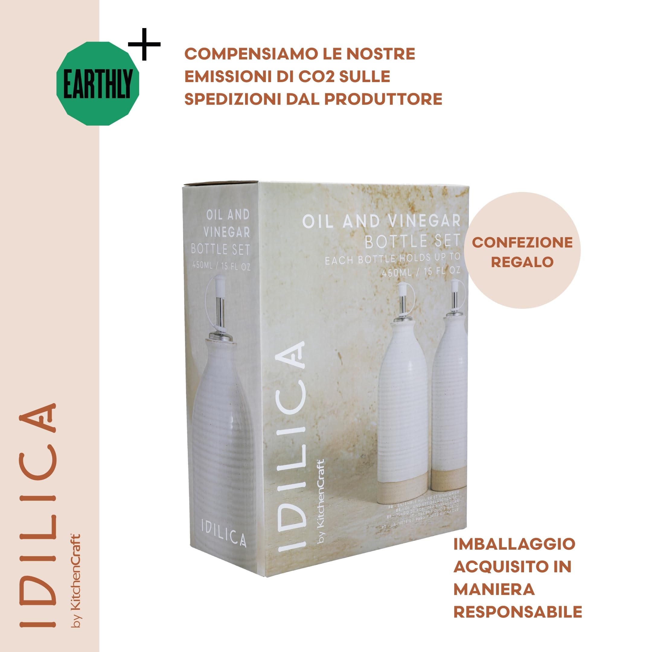 KitchenCraft Idilica Bottiglie per olio e aceto in gres, Set di 2 versatori per olio e aceto in ceramica con base non smaltata, crema, 45ml