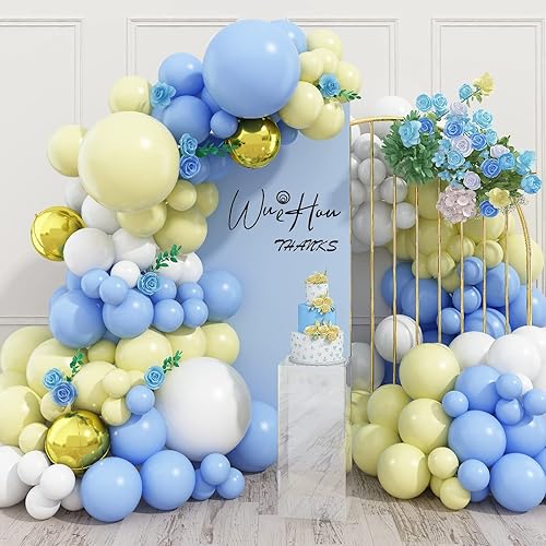 Kit de arco de globos azules y amarillos, guirnalda de globos azul amarillo con globos de látex azul maca amarillo y blanco, guirnalda de arco de