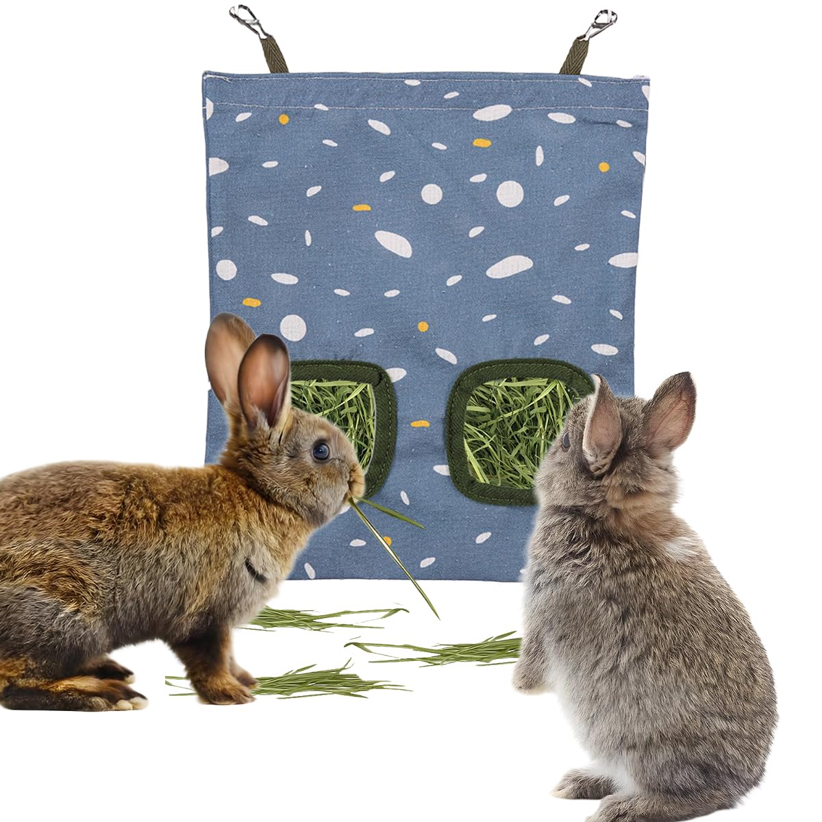 Rabbit Hay Feeder, Guinea Pig Hay Holder & Bunny Hay Feeder – Durable Hanging Hay Bag for Rabbits Chinchillas Guinea Pigs Bunnies – Chew-Resistant Hay Holder for Small Animals (Polka Dot)