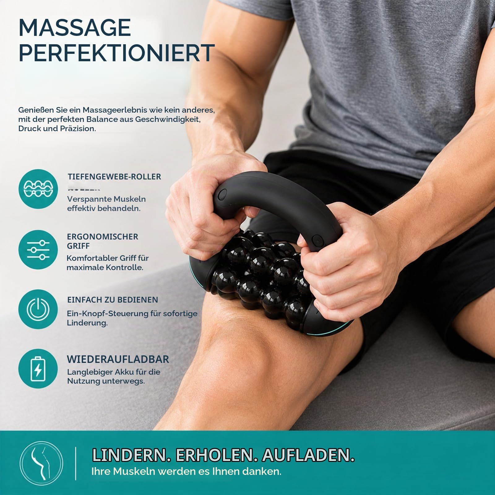 Elektrisches Handmassagegerät mit Rollen, 3 Stufen Massageroller USB Aufladbar, Leichtes Tiefengewebsmassagegerät für Rücken Schulter Beine Büro Fitnessstudio